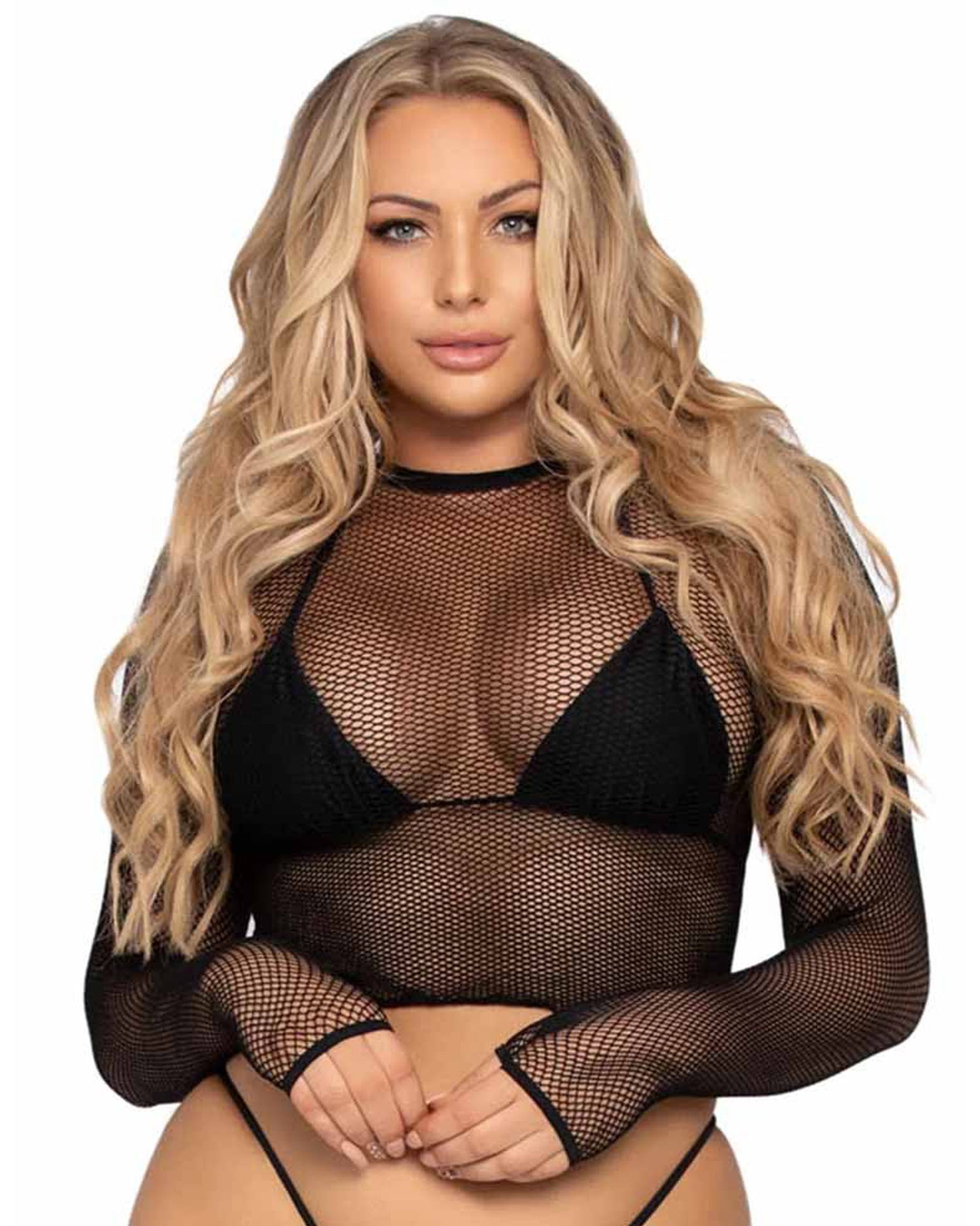 Model wearing a black cropped long sleeve fishnet top with black bikini top 