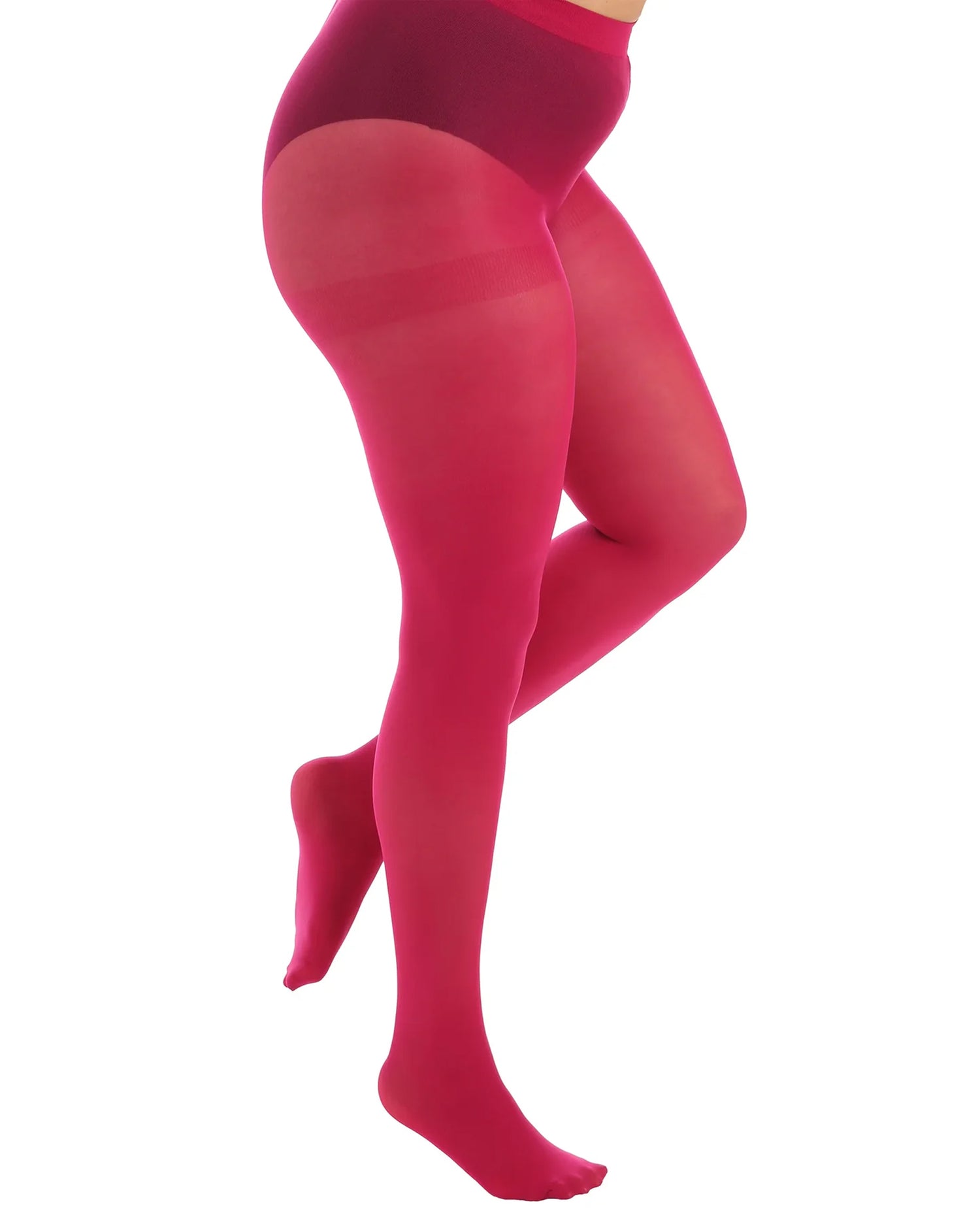 Curvy plus size woman wearing pink opaque tights and black underwear briefs