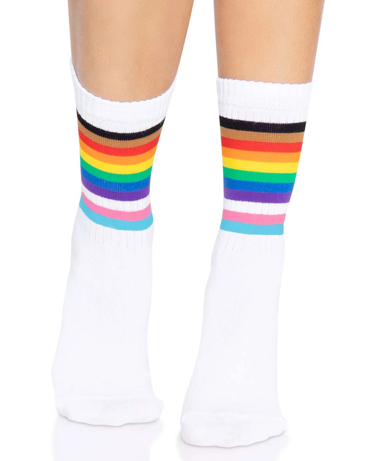 White ankle socks with LGBTQ+ rainbow stripes.