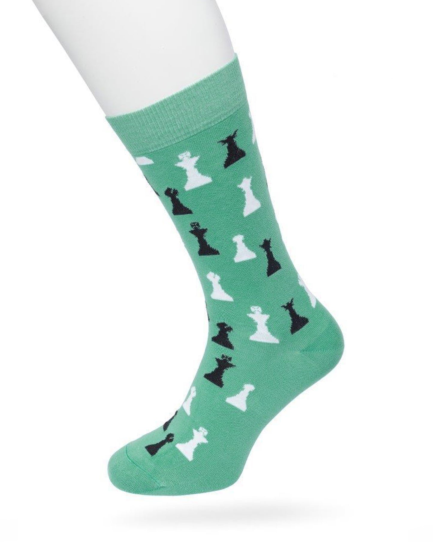 Bonnie Doon Chess Socks - Pale green cotton crew length ankle socks with chess pieces pattern in white and black, shaped heel and flat toe seams.