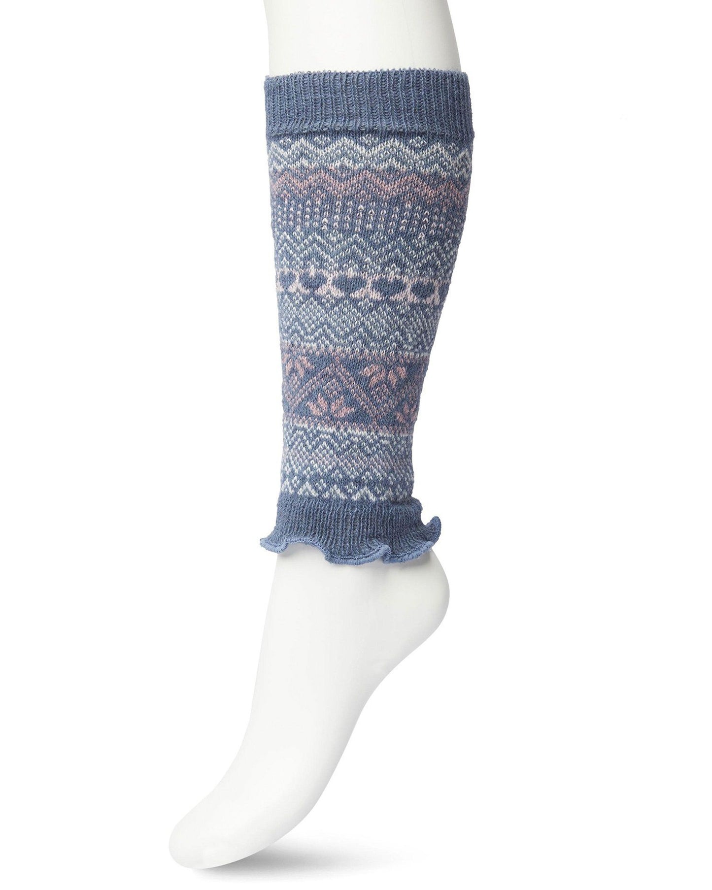 Bonnie Doon BP051729 Folkloric Legwarmers - Light pale blue grey, baby pink and white warm and soft knee length knitted leg-warmers with a fairisle style pattern, elasticated cuff and frill edge.