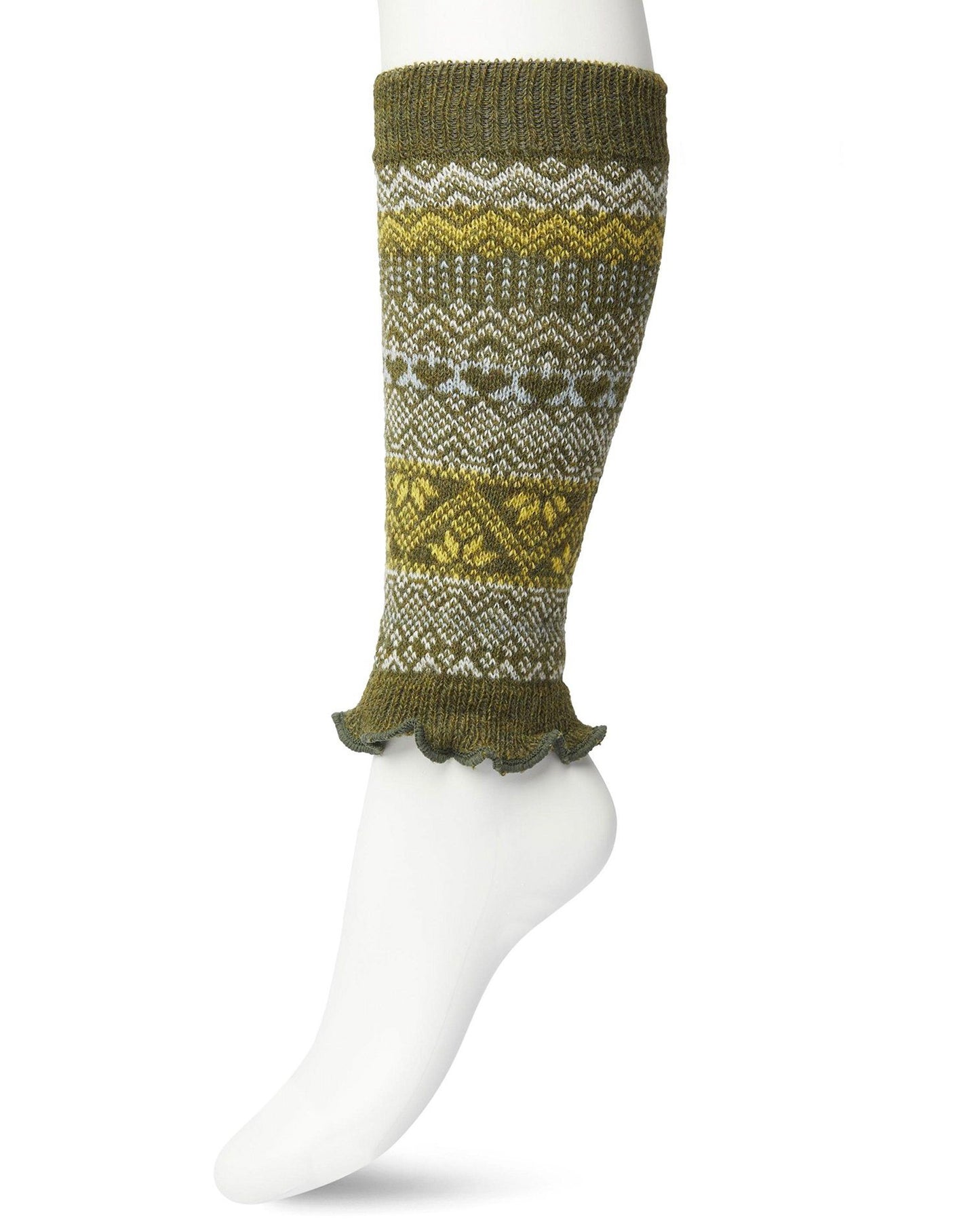 Bonnie Doon BP051729 Folkloric Legwarmers - Olive khaki green, yellow and white warm and soft knee length knitted leg-warmers with a fairisle style pattern, elasticated cuff and frill edge.