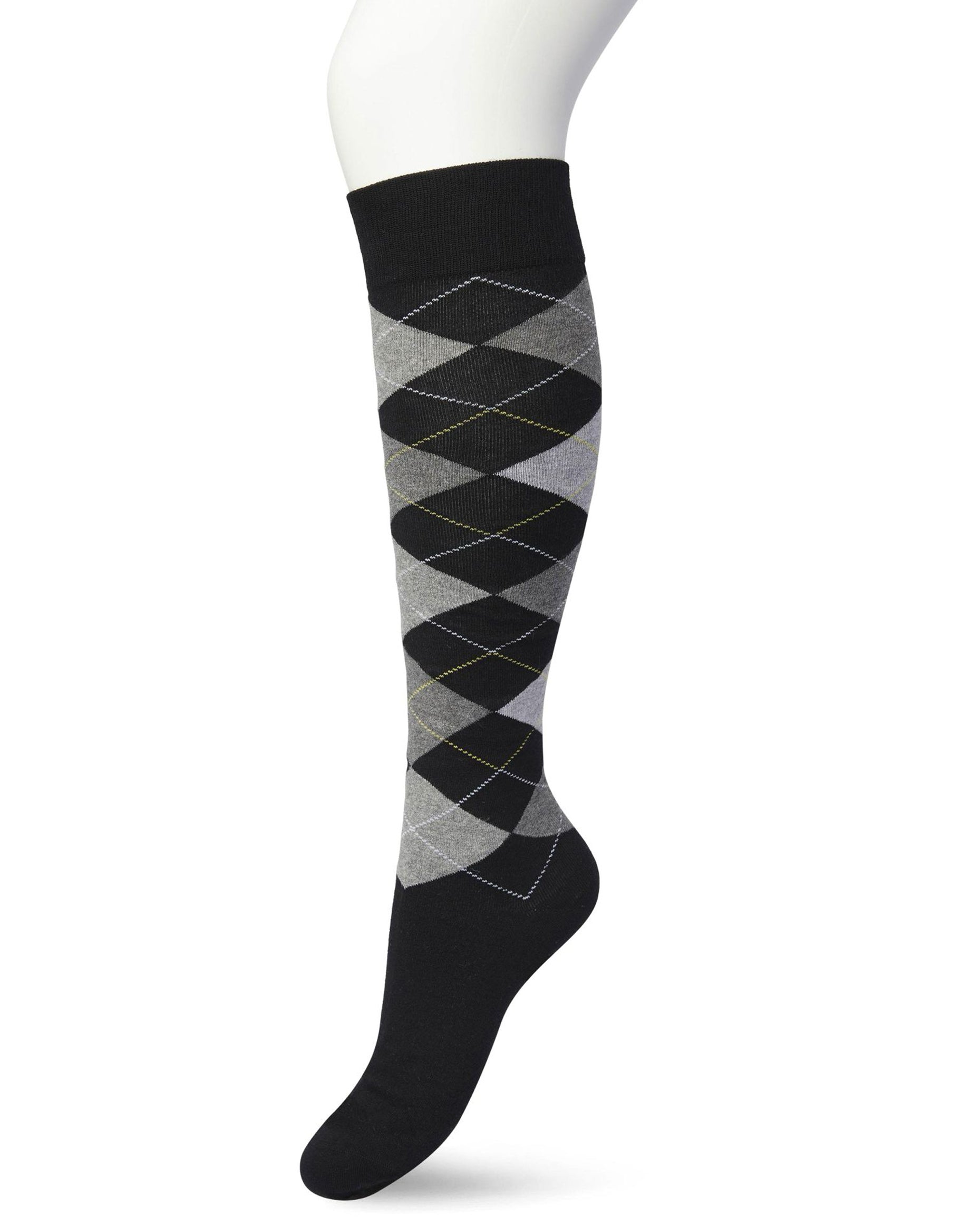Bonnie Doon BP211505 Argyle Knee-highs - Golf style knee-high socks with a diamond argyle tartan check pattern in black, grey and yellow.