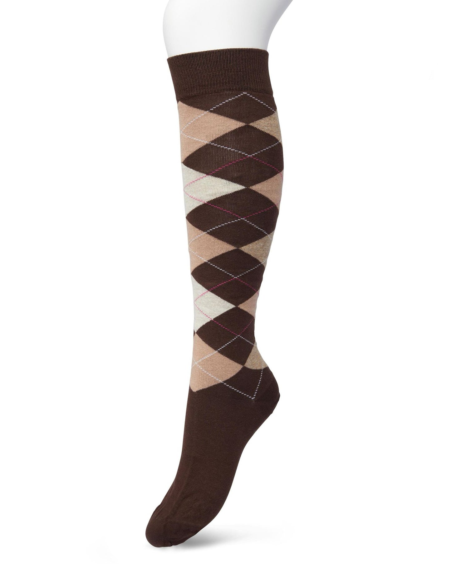Bonnie Doon BP211505 Argyle Knee-highs - Golf style knee-high socks with a diamond argyle tartan check pattern in light beige, brown, cream oat and pink.