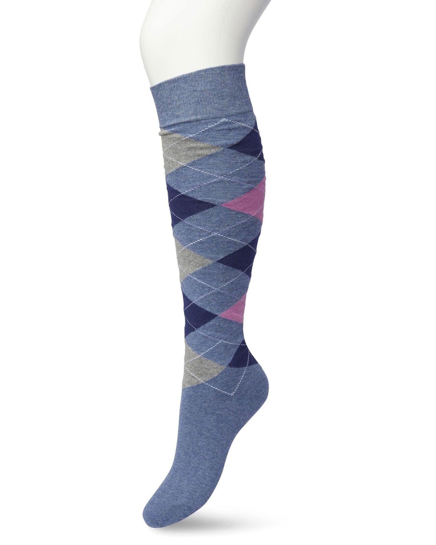 Bonnie Doon BP211505 Argyle Knee-highs - Golf style knee-high socks with a diamond argyle tartan check pattern in denim blue, pink, navy and pale grey.