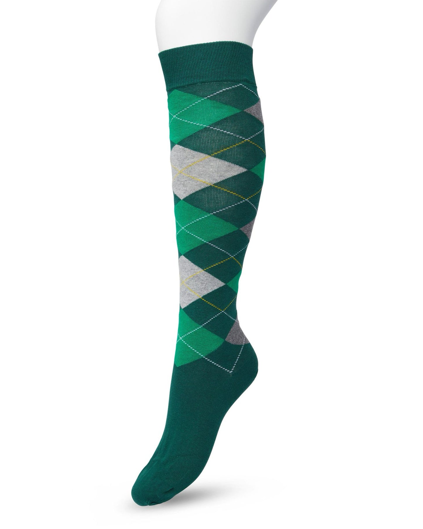 Bonnie Doon BP211505 Argyle Knee-highs - Golf style knee-high socks with a diamond argyle tartan check pattern in shades of green, grey and yellow.