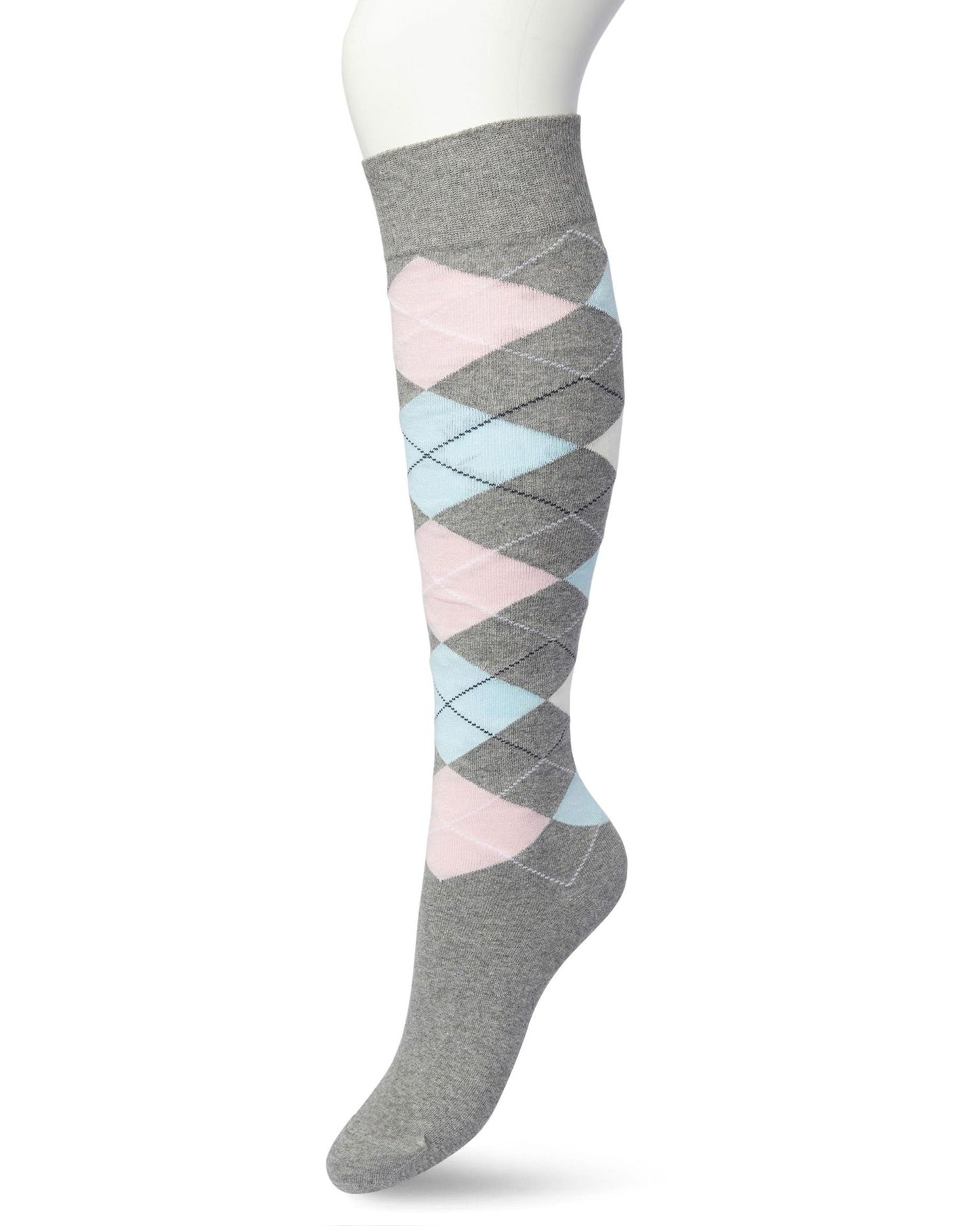 Bonnie Doon BP211505 Argyle Knee-highs - Golf style knee-high socks with a diamond argyle tartan check pattern in light grey, baby pink and pale blue.