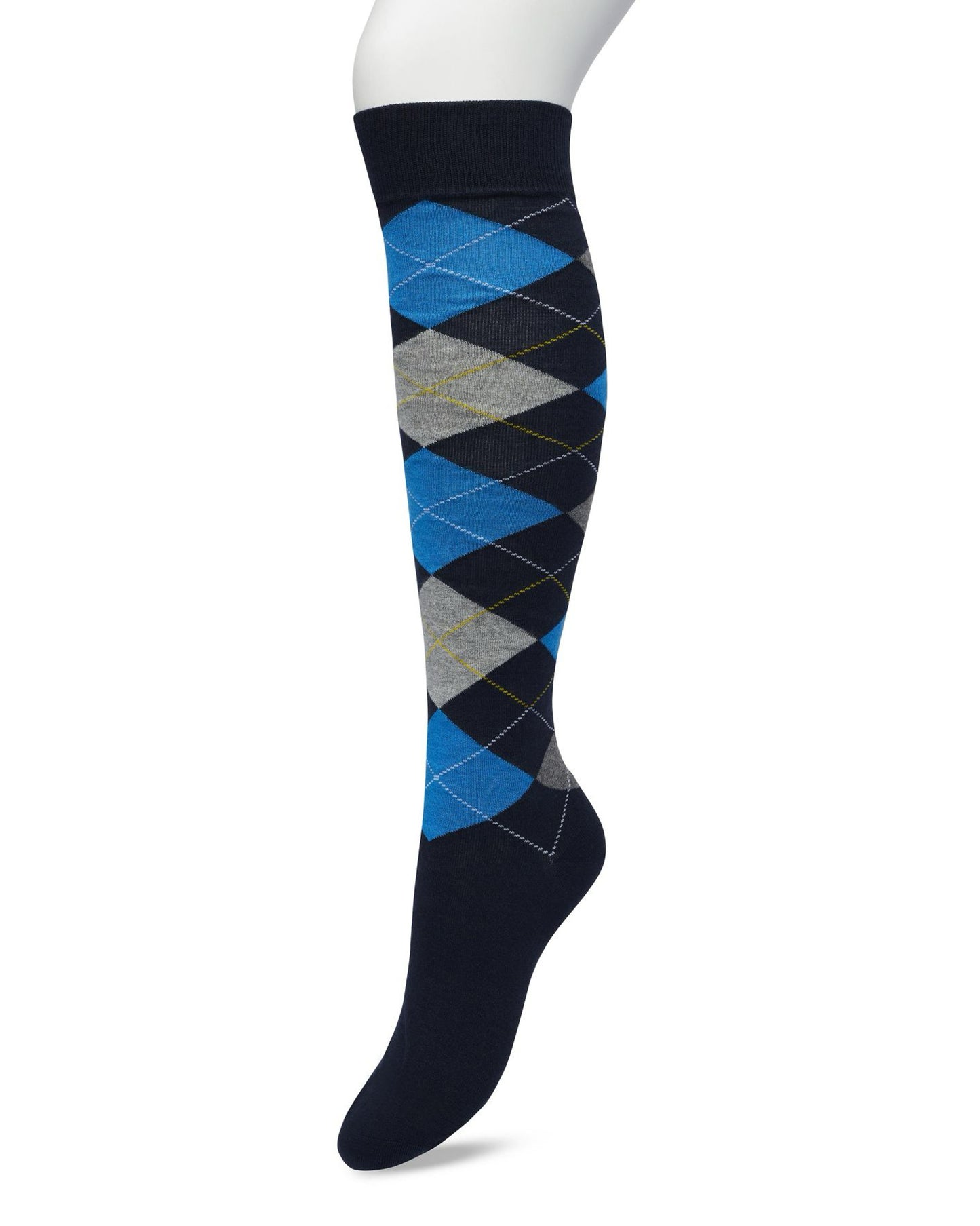 Bonnie Doon BP211505 Argyle Knee-highs - Golf style knee-high socks with a diamond argyle tartan check pattern in bright blue, navy and grey.