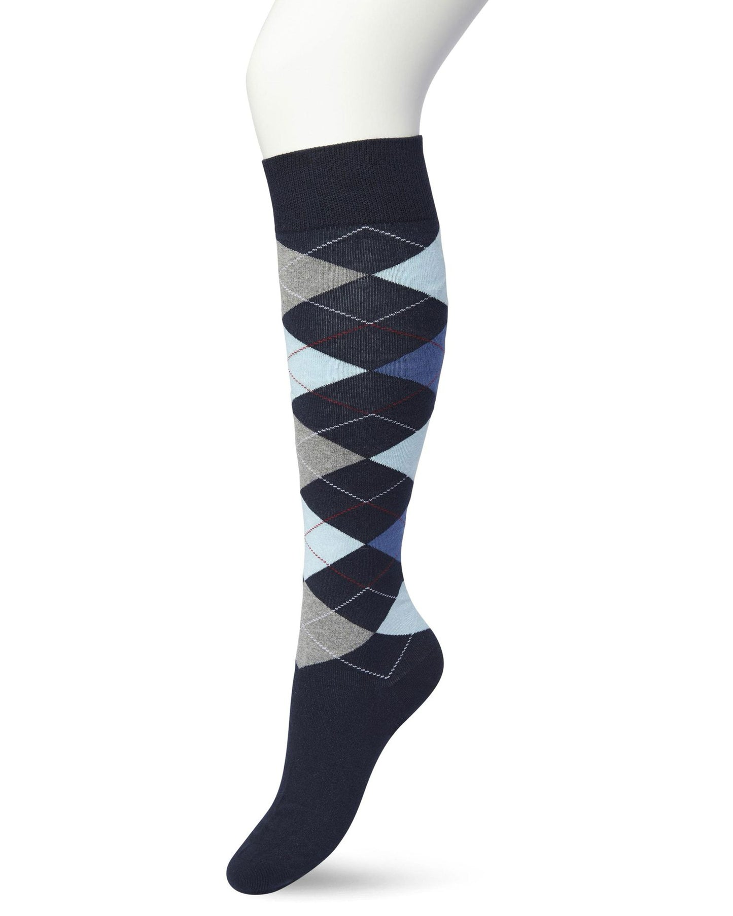 Bonnie Doon BP211505 Argyle Knee-highs - Golf style knee-high socks with a diamond argyle tartan check pattern in navy, blue, light baby blue and red.