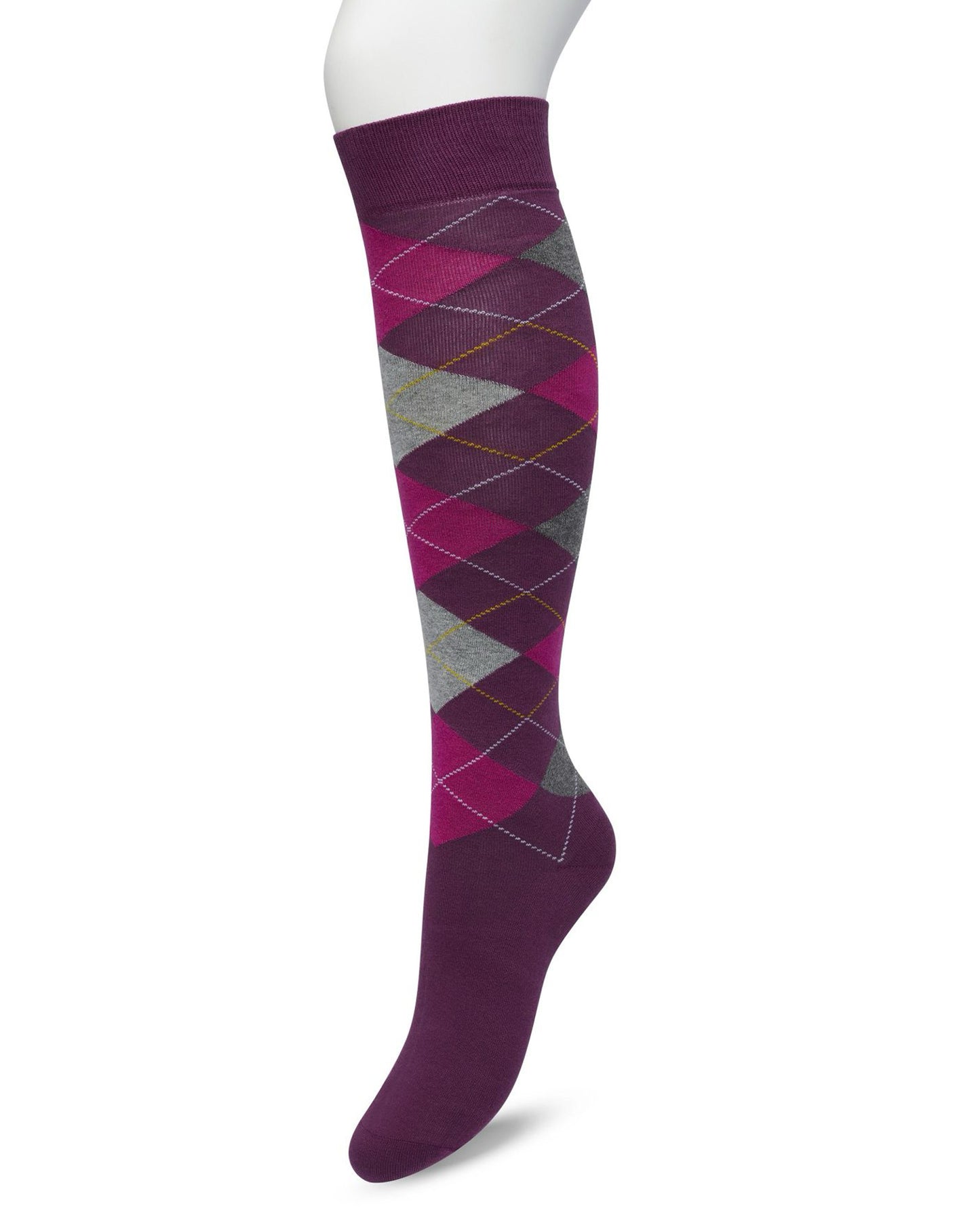 Bonnie Doon BP211505 Argyle Knee-highs - Golf style knee-high socks with a diamond argyle tartan check pattern in grey, pink and berry purple.