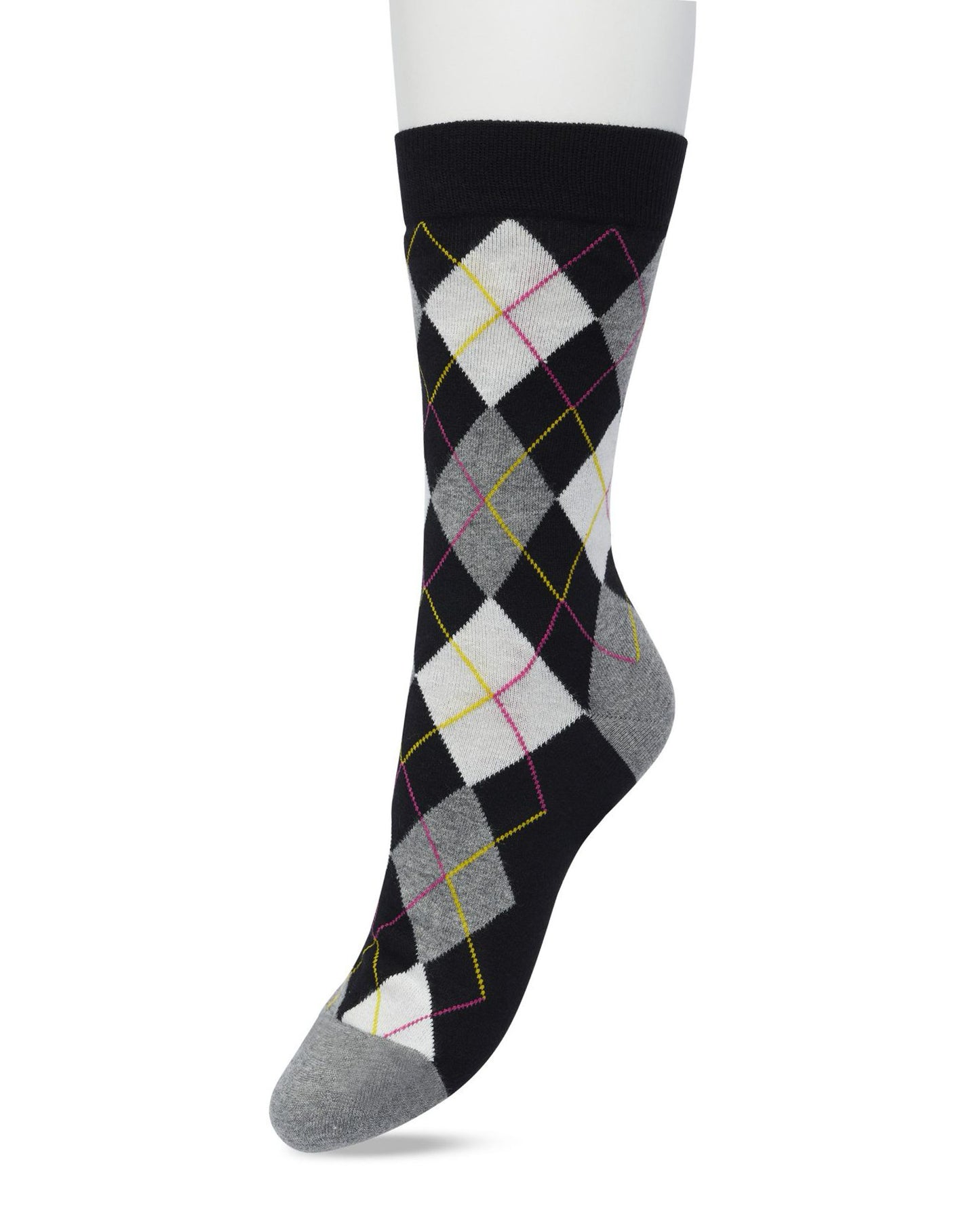 Bonnie Doon BP211122 Argyle Sock - black, grey, white, yellow and pink cotton ankle socks with a golf style diamond argyle tartan check pattern.