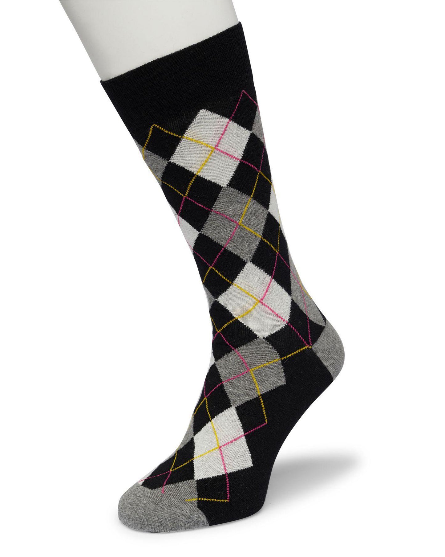 Bonnie Doon BP212113 Argyle Sock - Black, grey, white, pink and yellow cotton ankle socks with a golf style diamond argyle tartan check pattern.