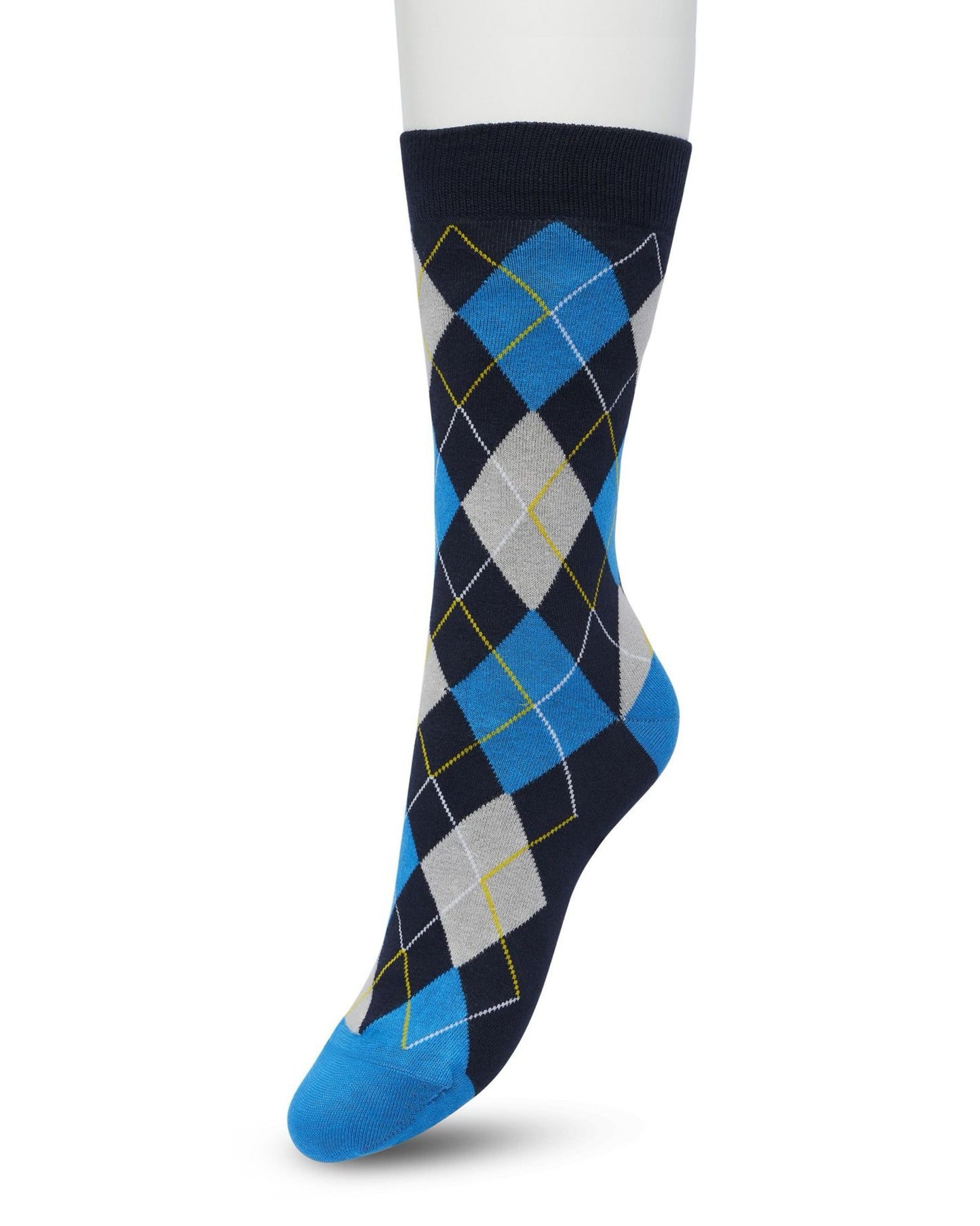 Bonnie Doon BP211122 Argyle Sock - navy, blue, light grey, yellow and white cotton ankle socks with a golf style diamond argyle tartan check pattern.
