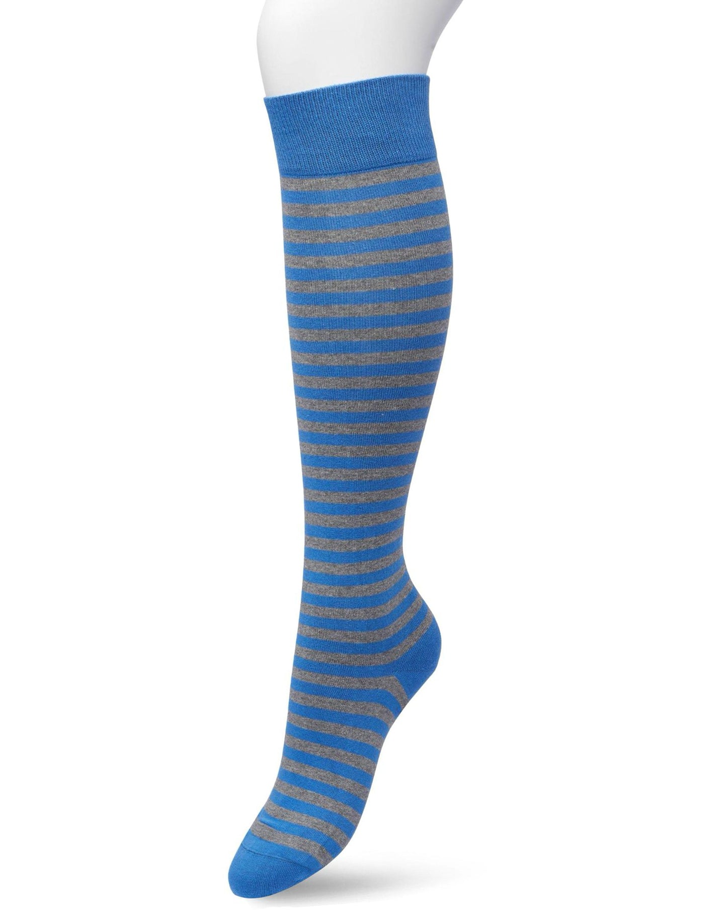 Bonnie Doon BP211511 Basic Stripe Knee-High - Cotton knee-high socks with a grey and strong electric blue horizontal stripe with contrast colour, shaped heel, flat toe seam and deep elasticated cuff.