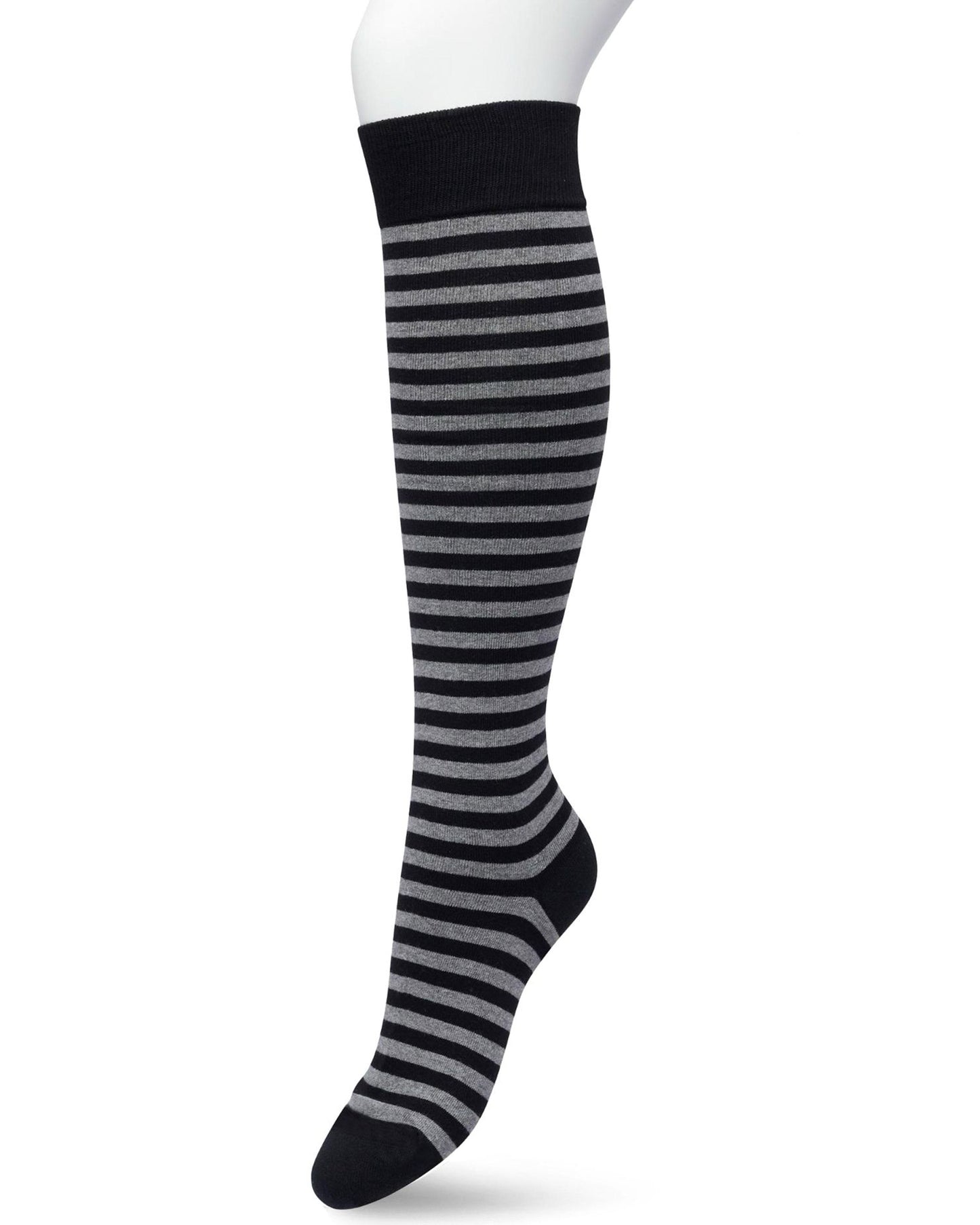 Bonnie Doon BP211511 Basic Stripe Knee-High - Cotton knee-high socks with a grey and black horizontal stripe with contrast colour, shaped heel, flat toe seam and deep elasticated cuff.