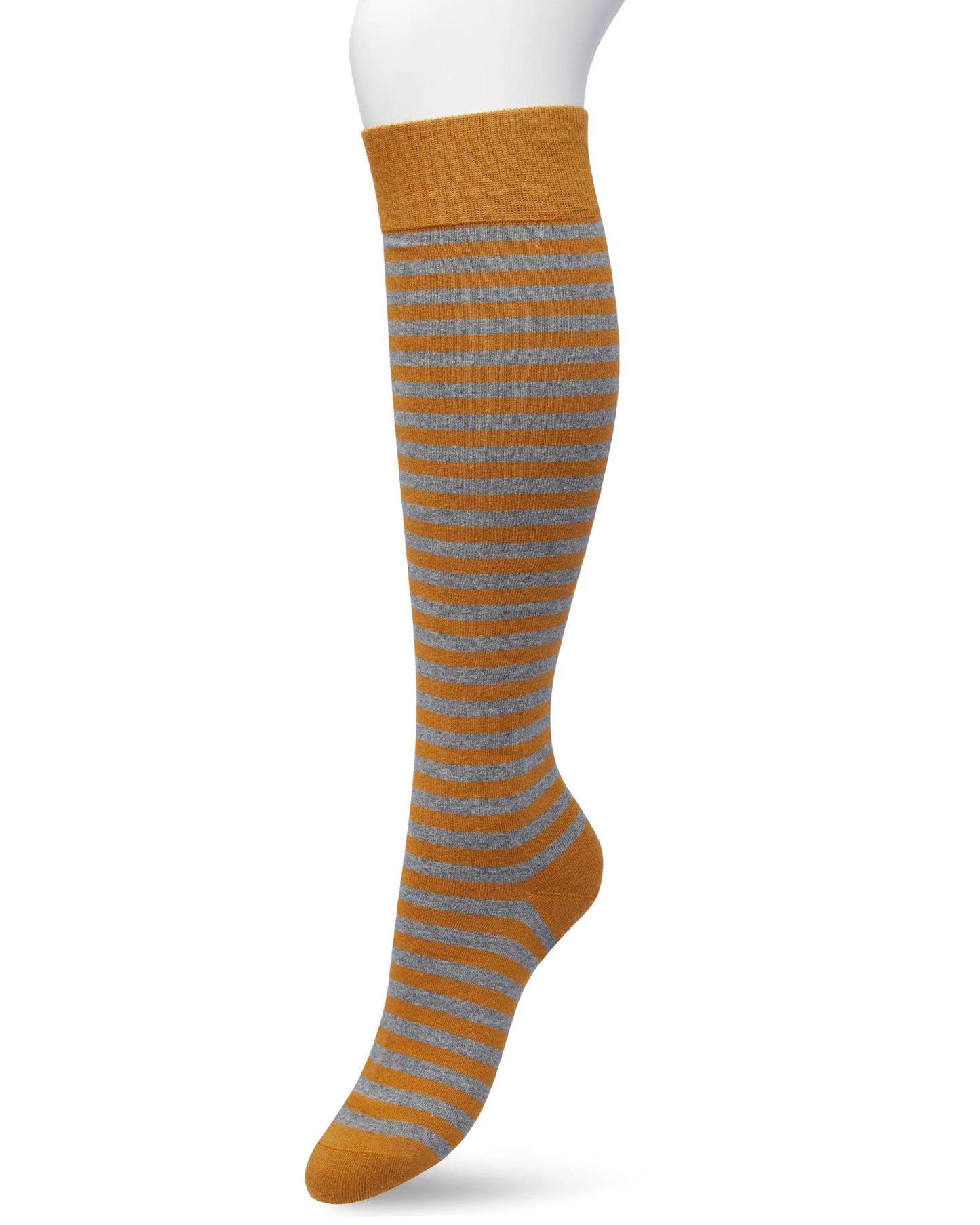 Bonnie Doon BP211511 Basic Stripe Knee-High - Cotton knee-high socks with a grey and mustard horizontal stripe with contrast colour, shaped heel, flat toe seam and deep elasticated cuff.