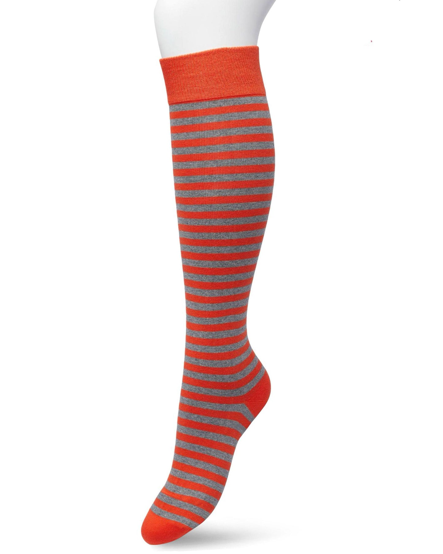 Bonnie Doon BP211511 Basic Stripe Knee-High - Cotton knee-high socks with a grey and orange horizontal stripe with contrast colour, shaped heel, flat toe seam and deep elasticated cuff.