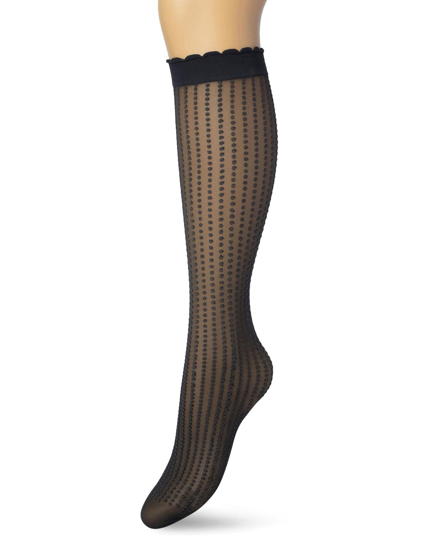 Bonnie Doon Batik Dots - Black sheer fashion knee-high socks with a dotted vertical stripe pattern, deep comfort cuff with scalloped edge.