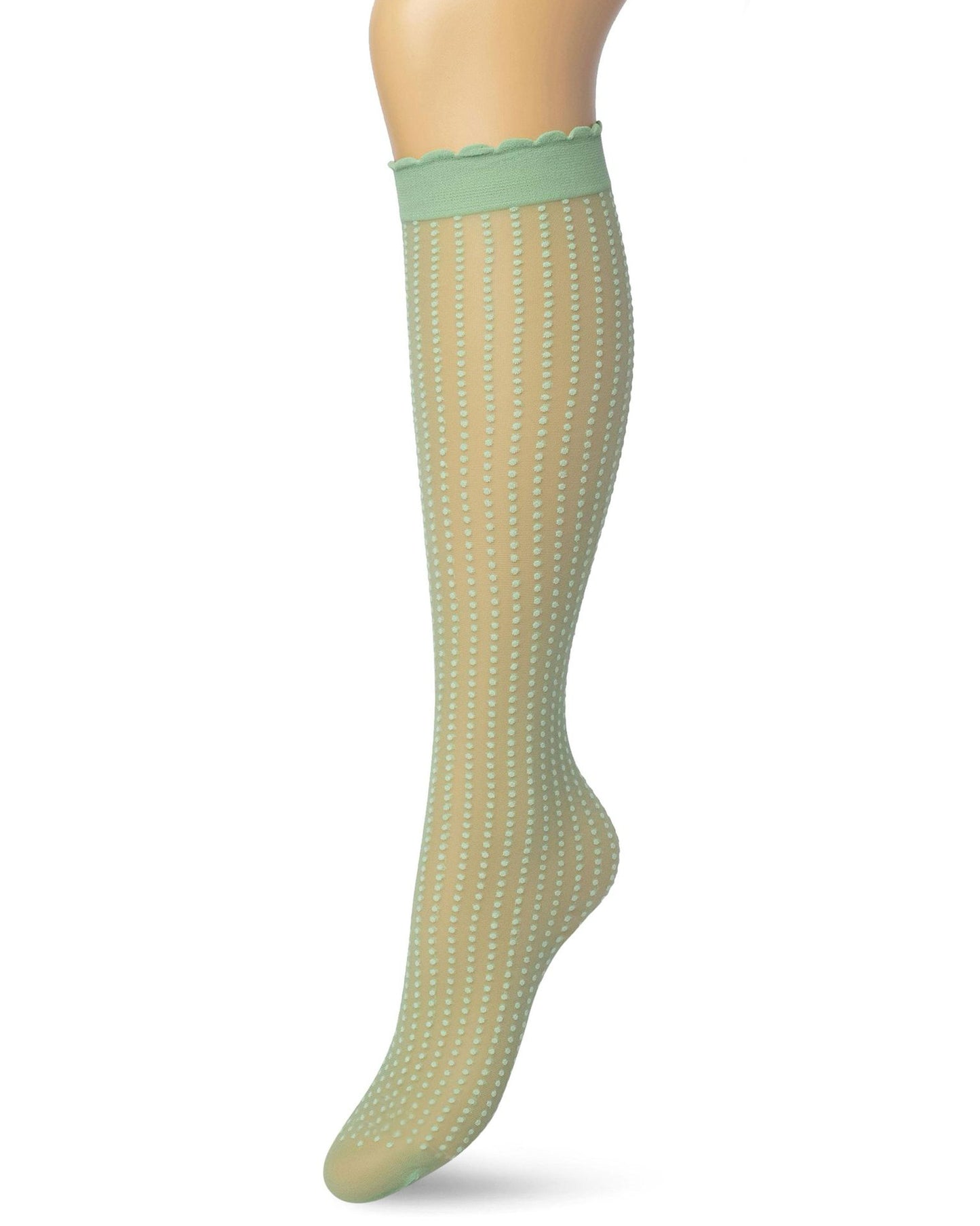 Bonnie Doon Batik Dots - Pale sage green sheer fashion knee-high socks with a dotted vertical stripe pattern, deep comfort cuff with scalloped edge.