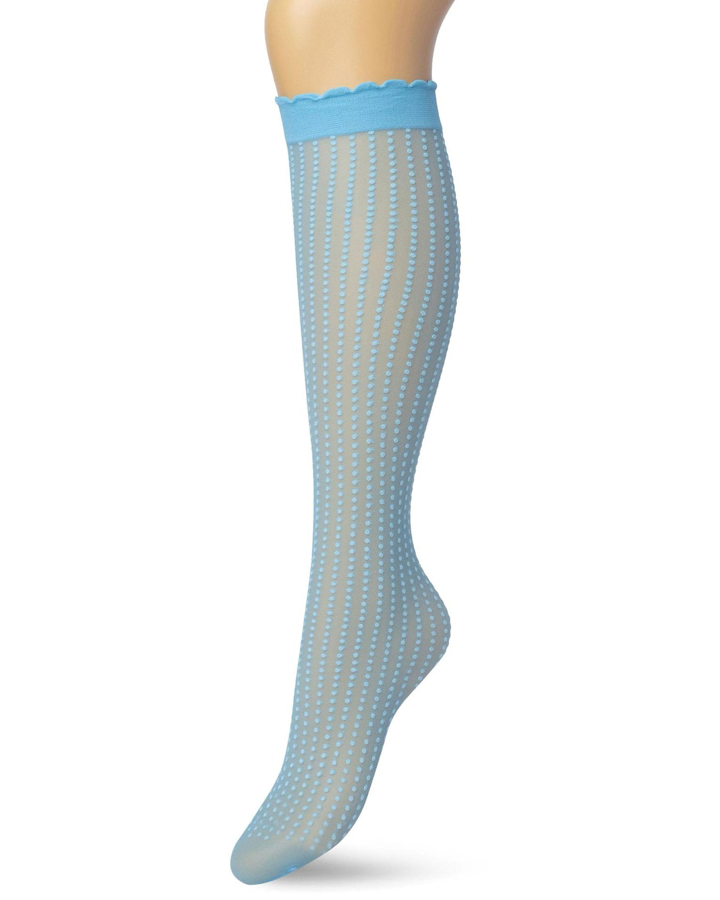 Bonnie Doon Batik Dots - Light blue sheer fashion knee-high socks with a dotted vertical stripe pattern, deep comfort cuff with scalloped edge.
