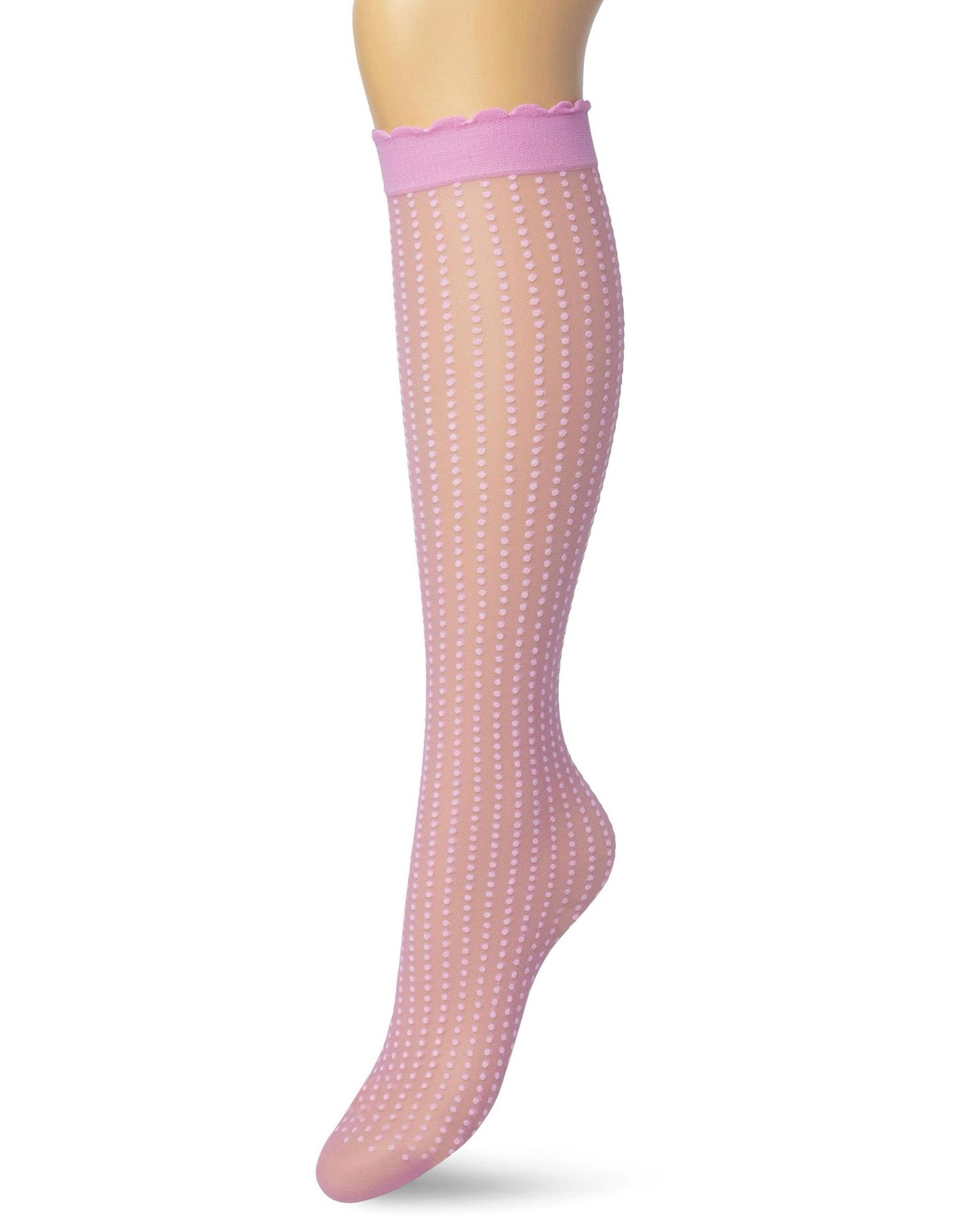 Bonnie Doon Batik Dots - Light pink sheer fashion knee-high socks with a dotted vertical stripe pattern, deep comfort cuff with scalloped edge.