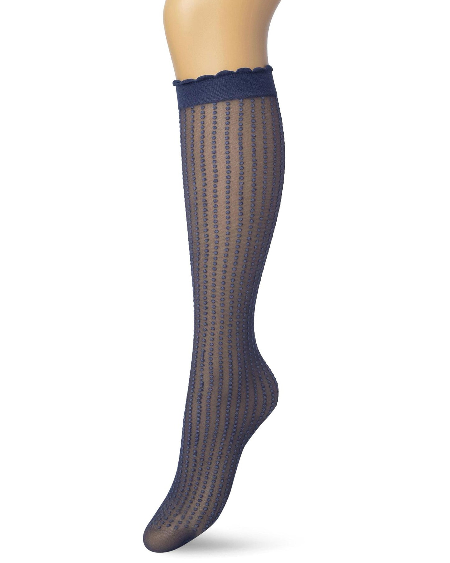 Bonnie Doon Batik Dots (black iris) -sheer navy fashion knee-high socks with a dotted vertical stripe pattern, deep comfort cuff with scalloped edge.