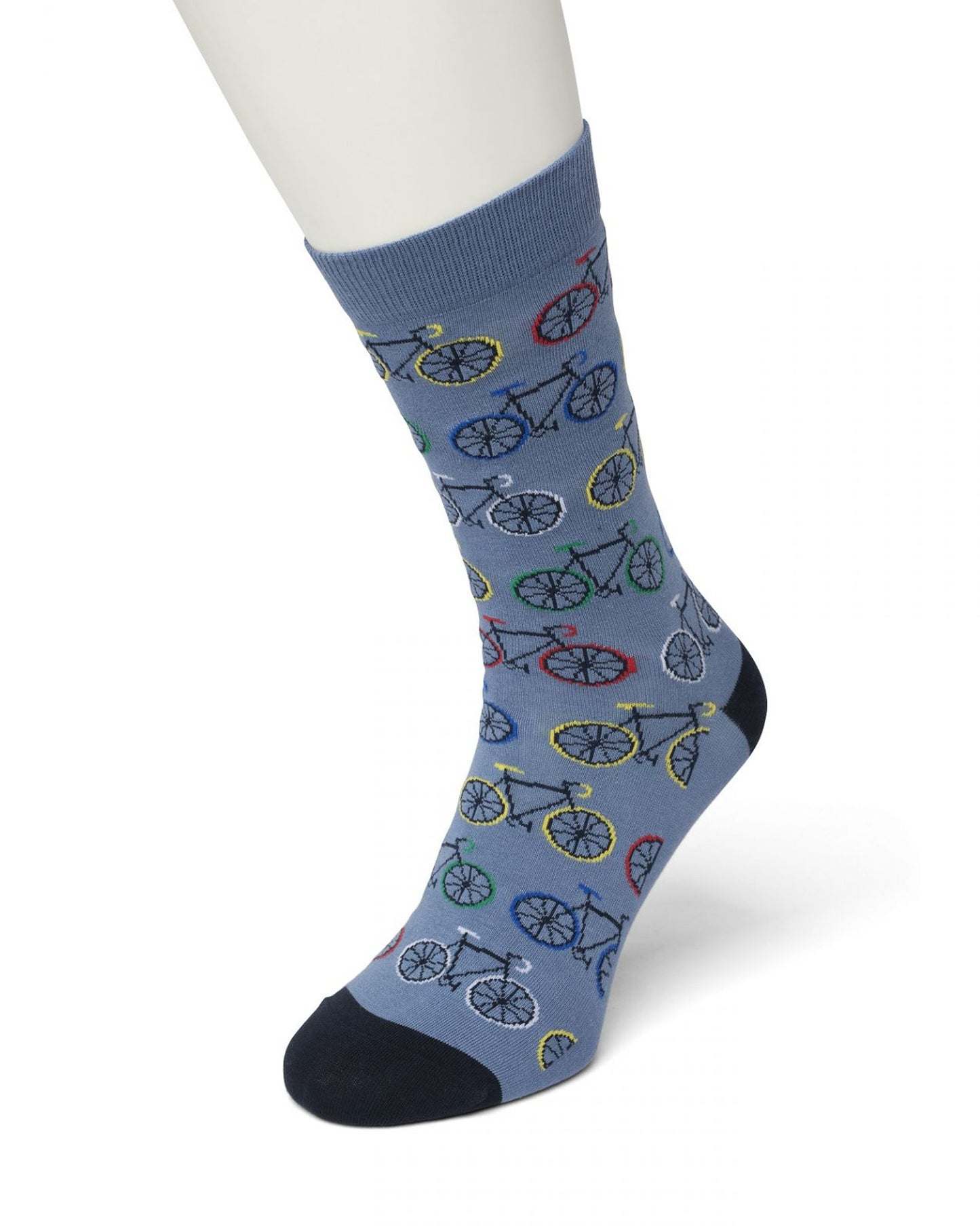 Bonnie Doon BT9921.03 Biker Sock - Denim blue cotton mix ankle socks with light grey road bike pattern with red, blue, black and yellow wheels, seat and handle bars, light grey toe and heel. Available in men and women sizes.