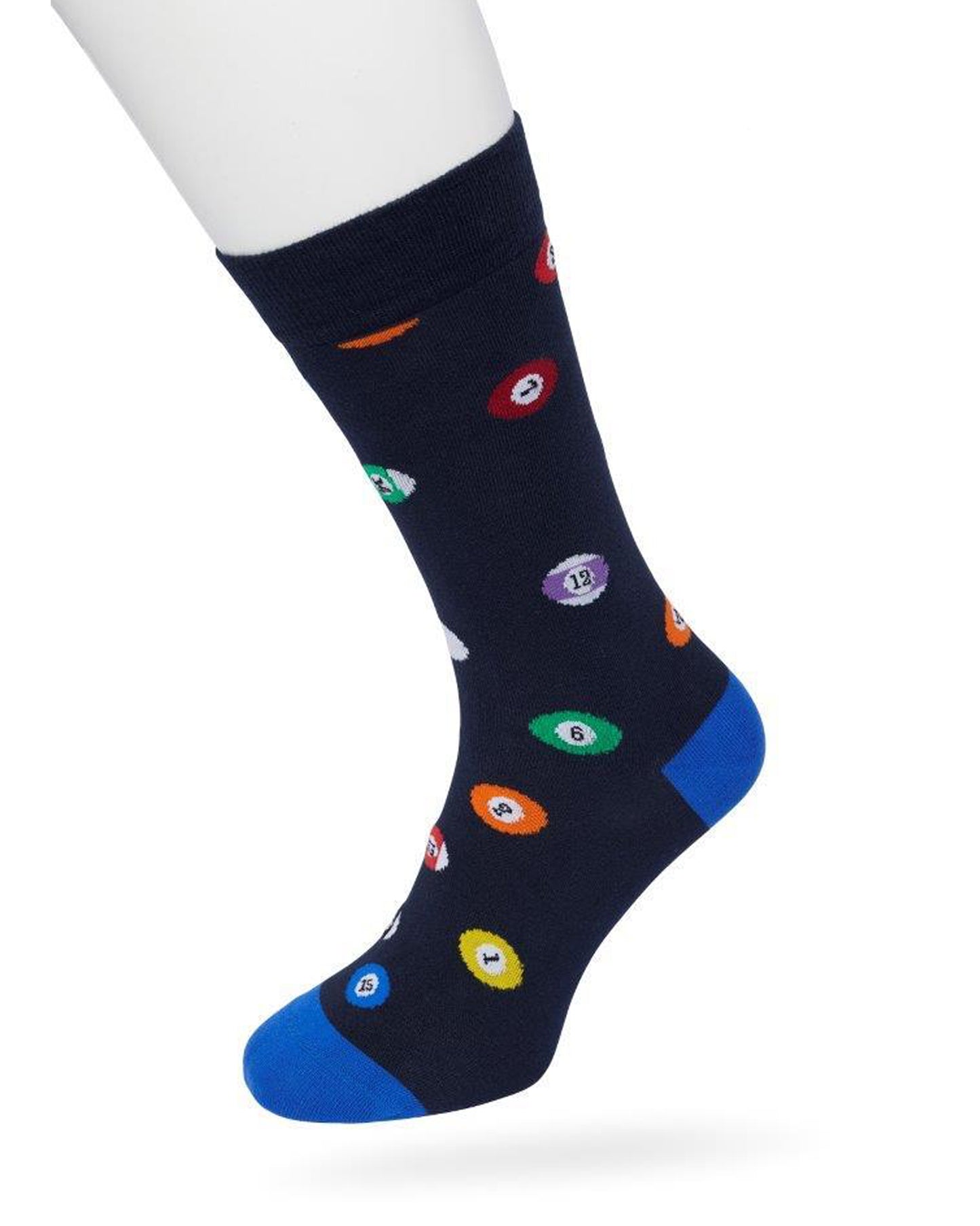 Bonnie Doon Billiards Sock - Navy cotton crew length ankle socks with pool table balls pattern in yellow, blue, red, green, lilac purple, white, orange and blue heel and toe.