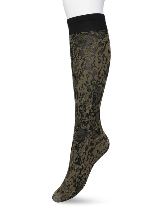 Bonnie Doon Botanical Lurex Knee-highs - Khaki green soft matte opaque fashion knee-high socks with a woven leaf style pattern in black and sparkly metallic gold and deep black comfort cuff.