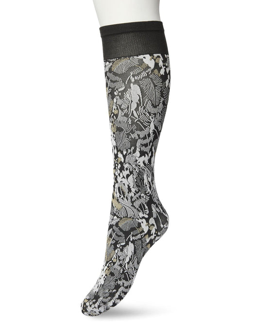Bonnie Doon Botanical Lurex Knee-highs - White soft matte opaque fashion knee-high socks with a woven leaf style pattern in black and sparkly metallic gold and deep black comfort cuff.