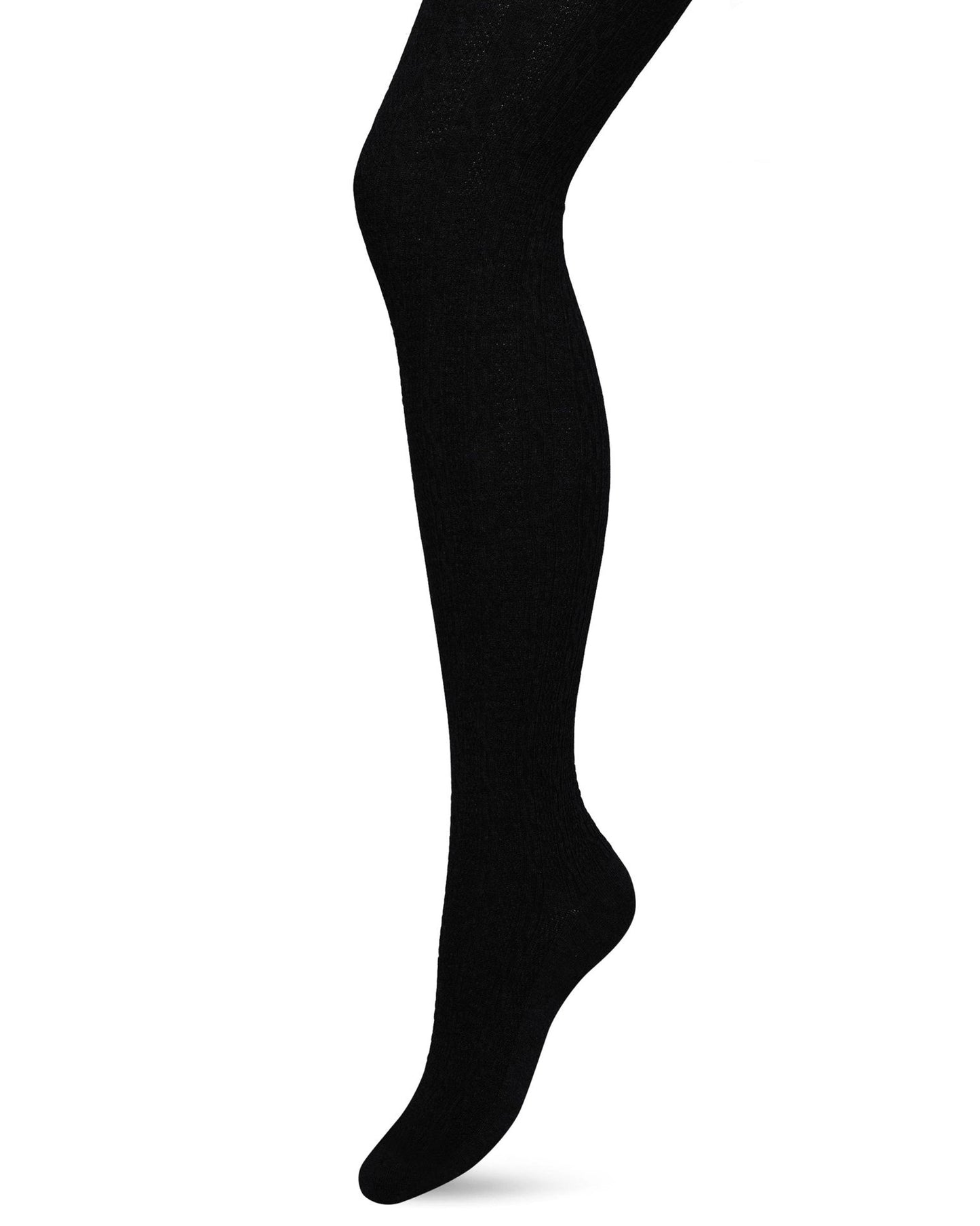 Bonnie Doon Classic Cable Tights - Black organic cotton knitted tights with a cable knit style ribbed pattern, flat seams, gusset, high waist, shaped heel and flat toe seam.