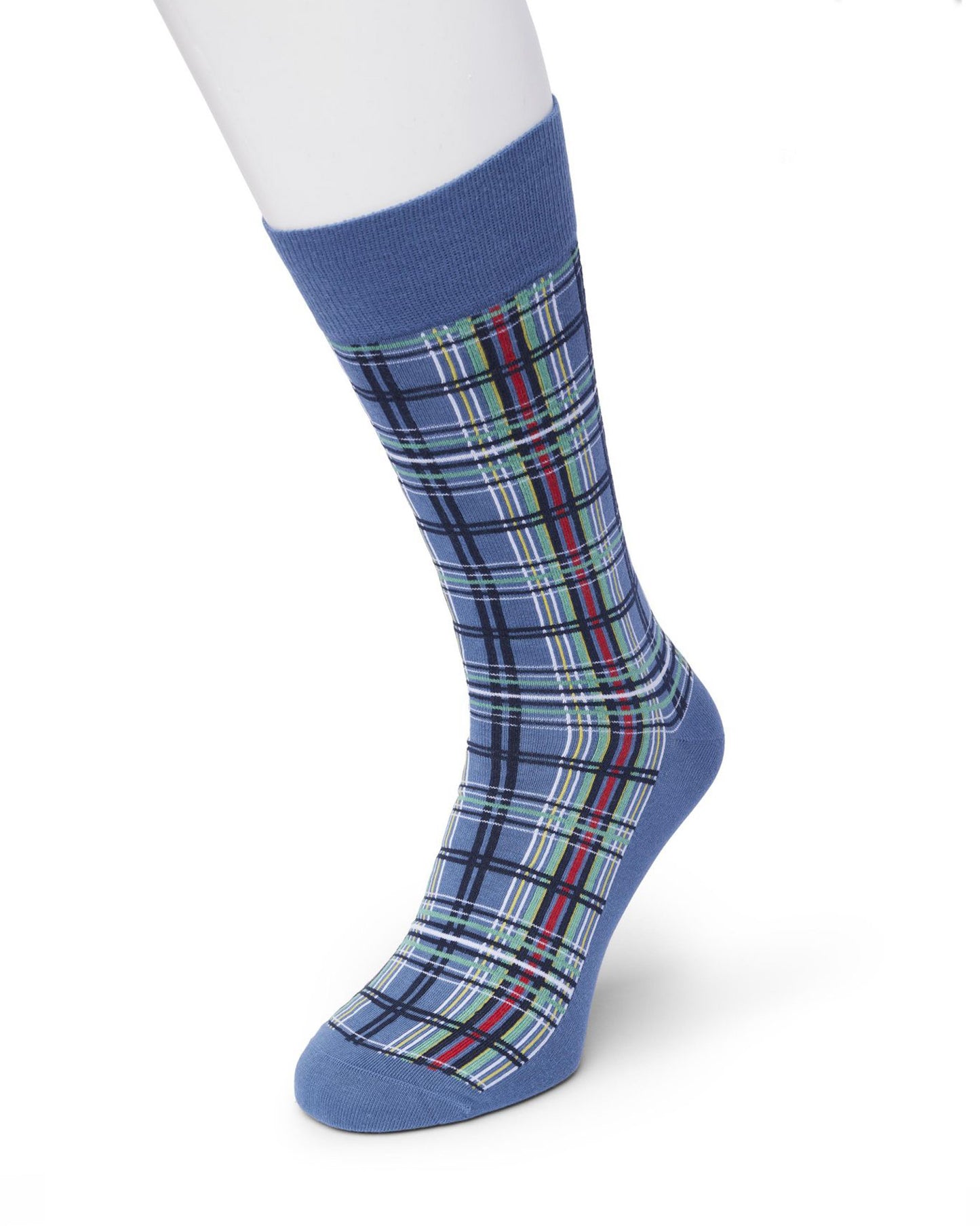 Bonnie Doon BP212114 Checks Sock - Denim blue cotton crew length ankle socks with a multicoloured tartan style pattern