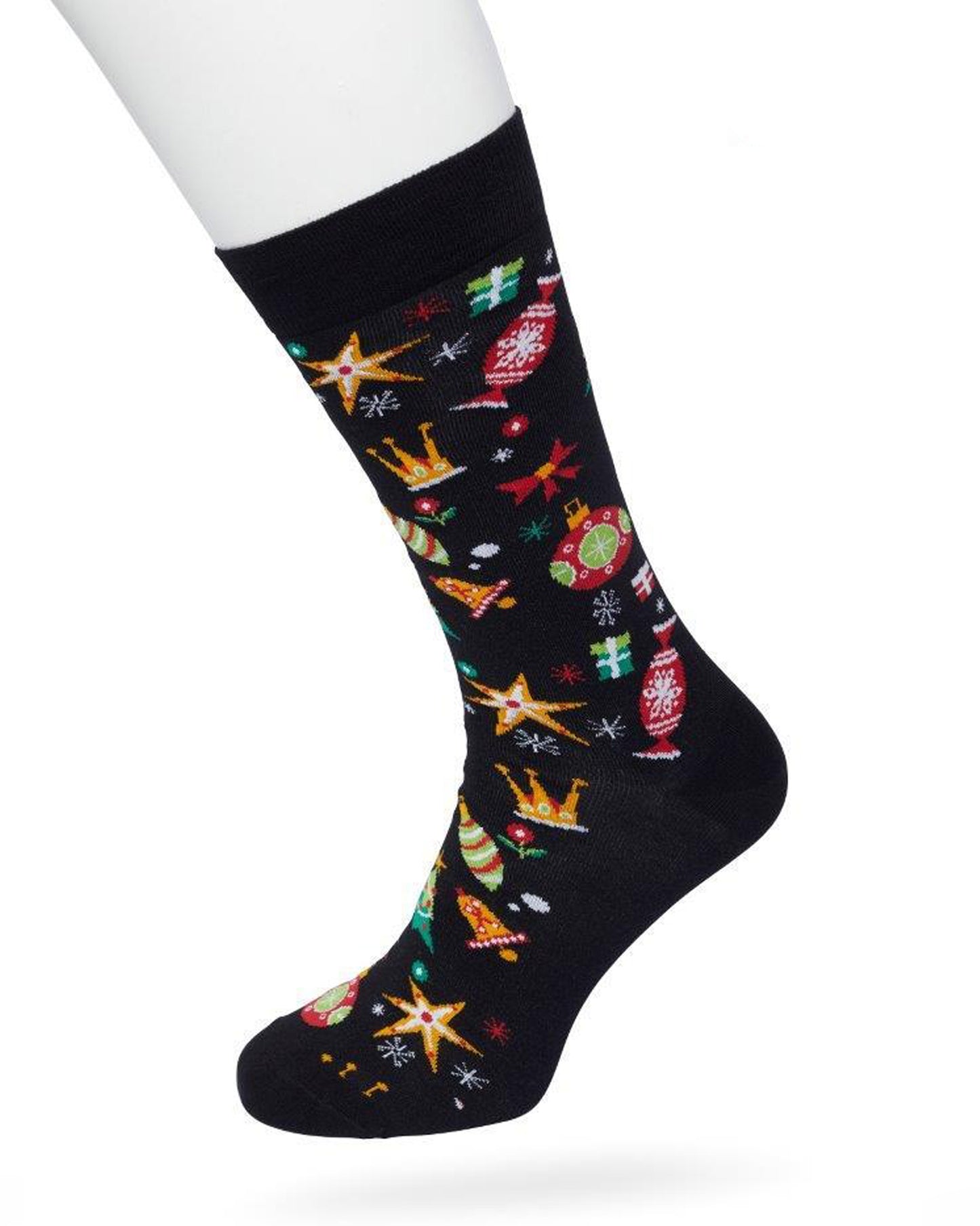 Bonnie Doon Christmas Spirit Socks - Black Christmas themed cotton crew length ankle socks with multicoloured stars, presents, Christmas trees, snowflakes, baubles, sweets and crowns pattern and flat toe seams.