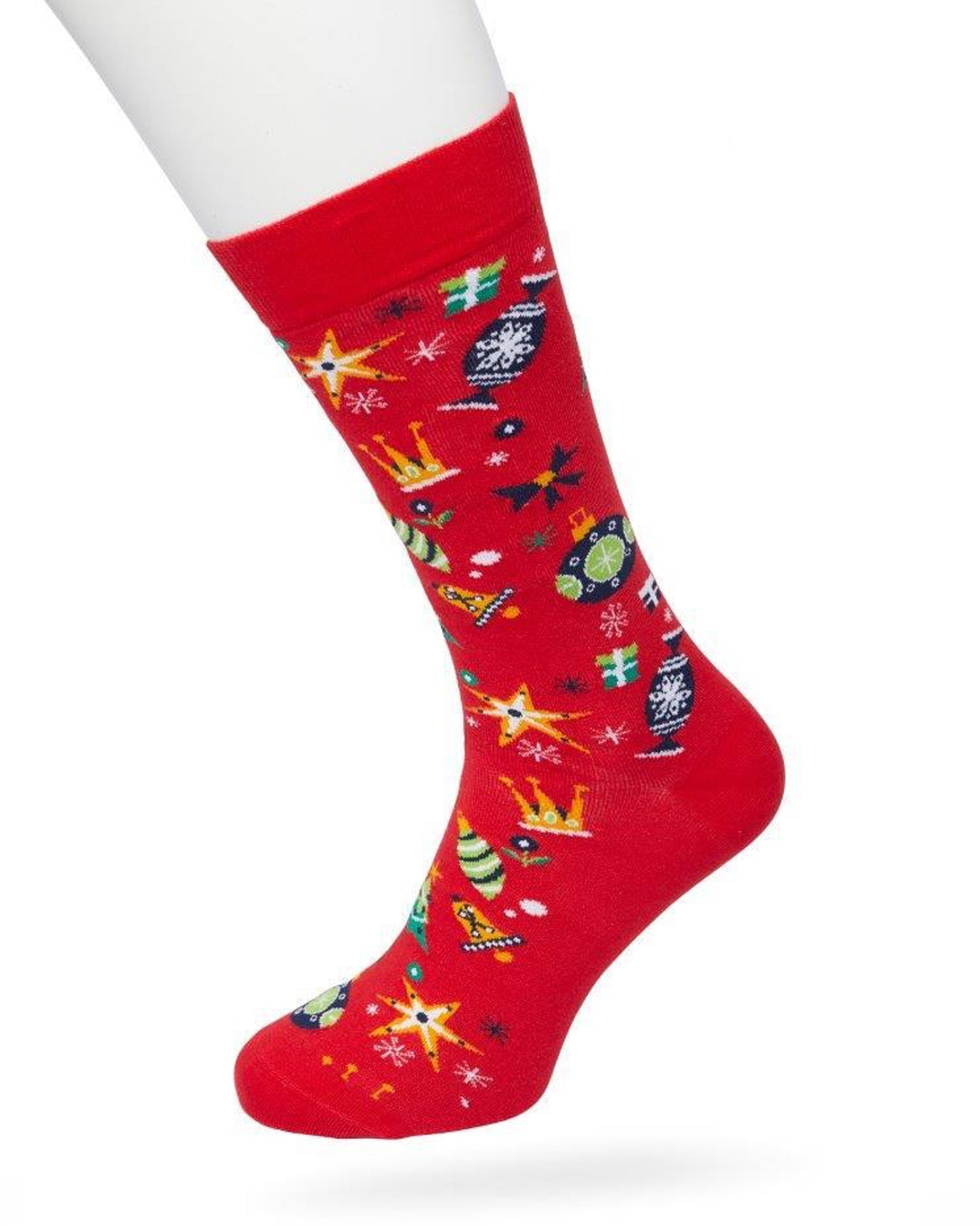 Bonnie Doon Christmas Spirit Socks - Red Christmas themed cotton crew length ankle socks with multicoloured stars, presents, Christmas trees, snowflakes, baubles, sweets and crowns pattern and flat toe seams.