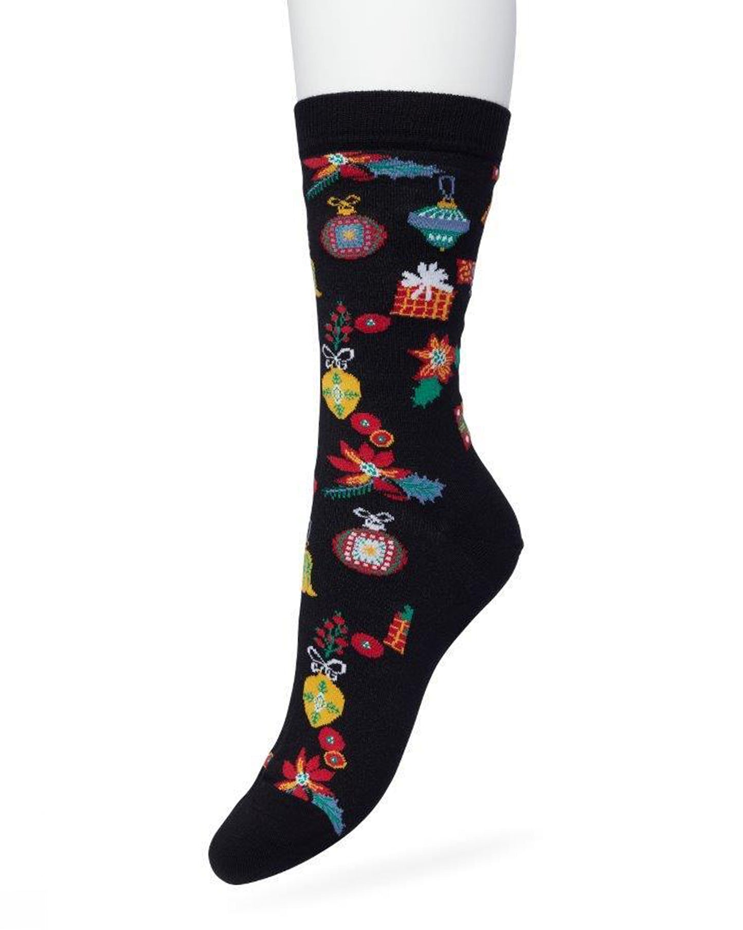 Bonnie Doon Christmas Time Sock - Black Christmas themed cotton crew length ankle socks with multicoloured presents, baubles, bells and poinsettia flowers and flat toe seams.