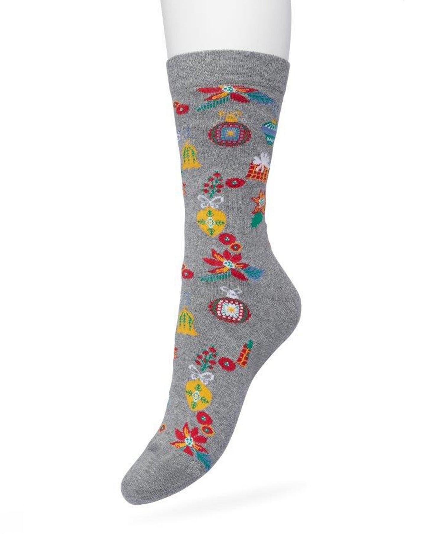 Bonnie Doon Christmas Time Sock - Grey Christmas themed cotton crew length ankle socks with multicoloured presents, baubles, bells and poinsettia flowers and flat toe seams.