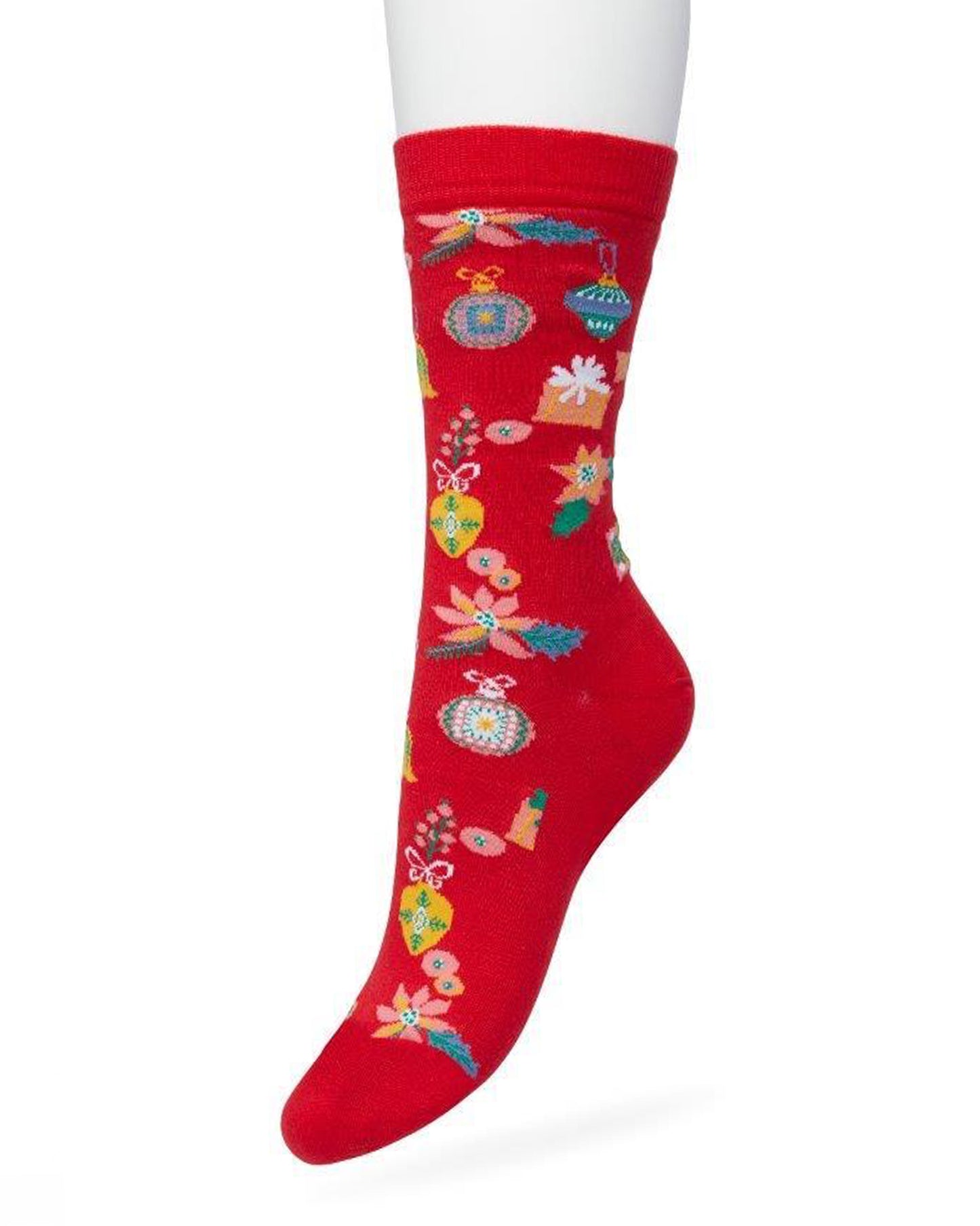 Bonnie Doon Christmas Time Sock - Red Christmas themed cotton crew length ankle socks with multicoloured presents, baubles, bells and poinsettia flowers and flat toe seams.