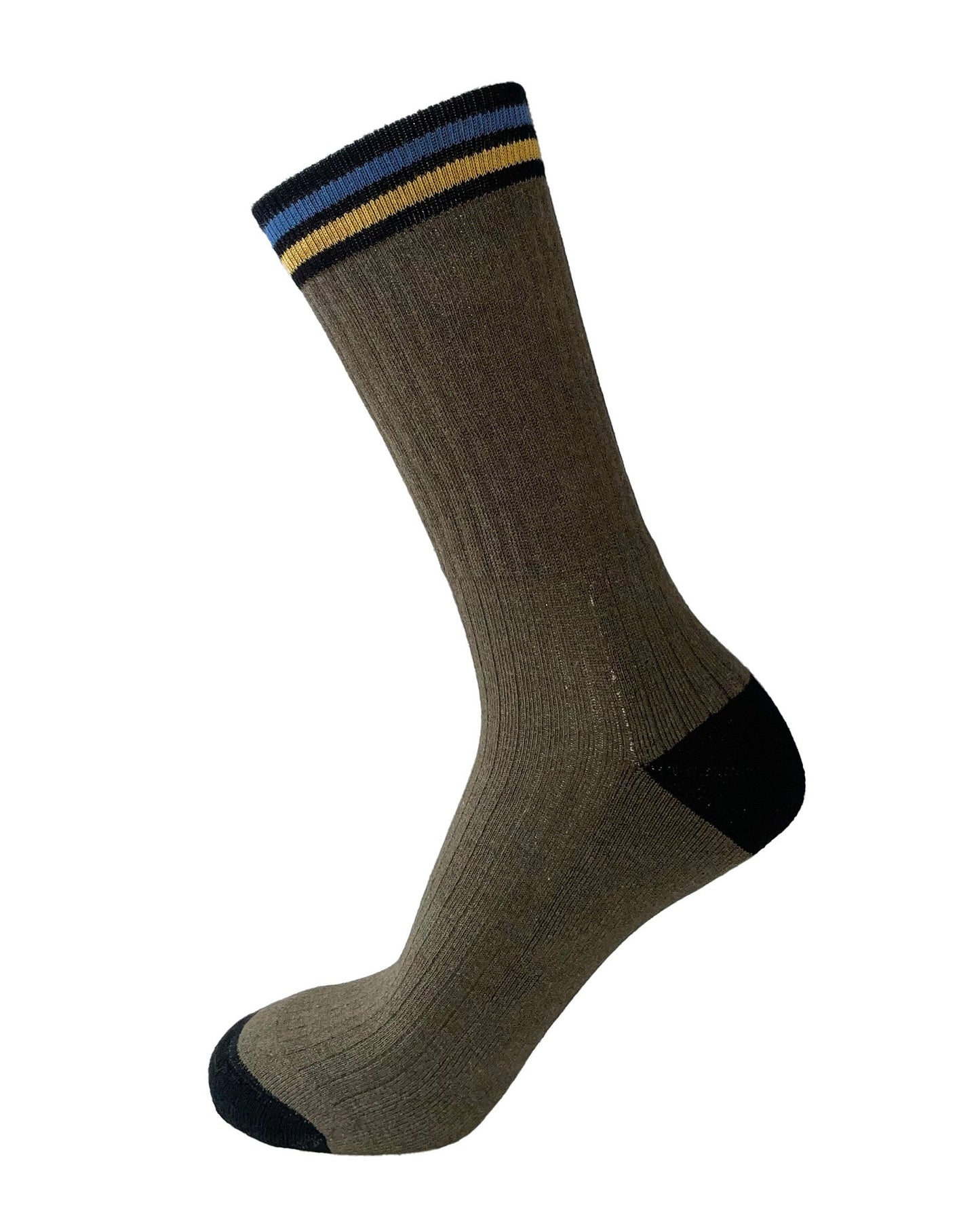 Bonnie Doon Cotton Stripe Socks - Khaki green soft and warm chunky rib ankle socks with a mustard and blue sports striped elasticated comfort cuff and black heel and toe.