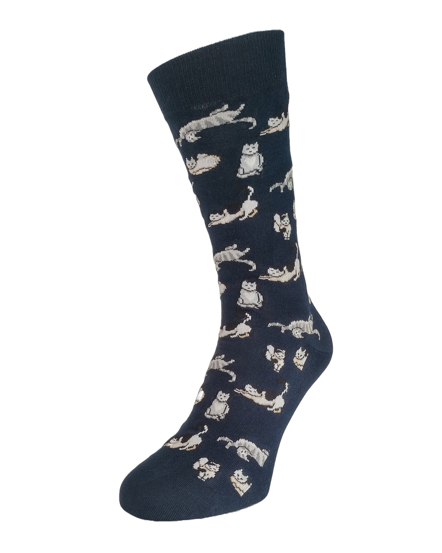 Bonnie Doon Cute Cats Sock - Dark navy blue cotton crew length ankle socks with an all over cat pattern in a variety of poses in white, black and grey.