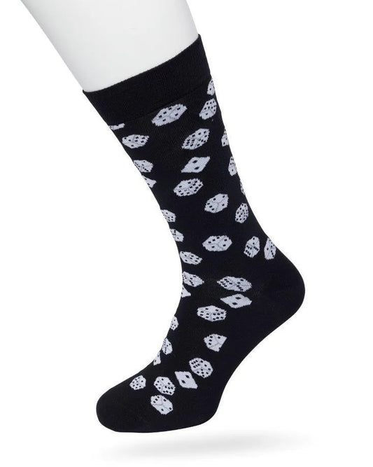 Bonnie Doon Dice Sock - Black cotton crew length ankle men's socks with white and black dice pattern.