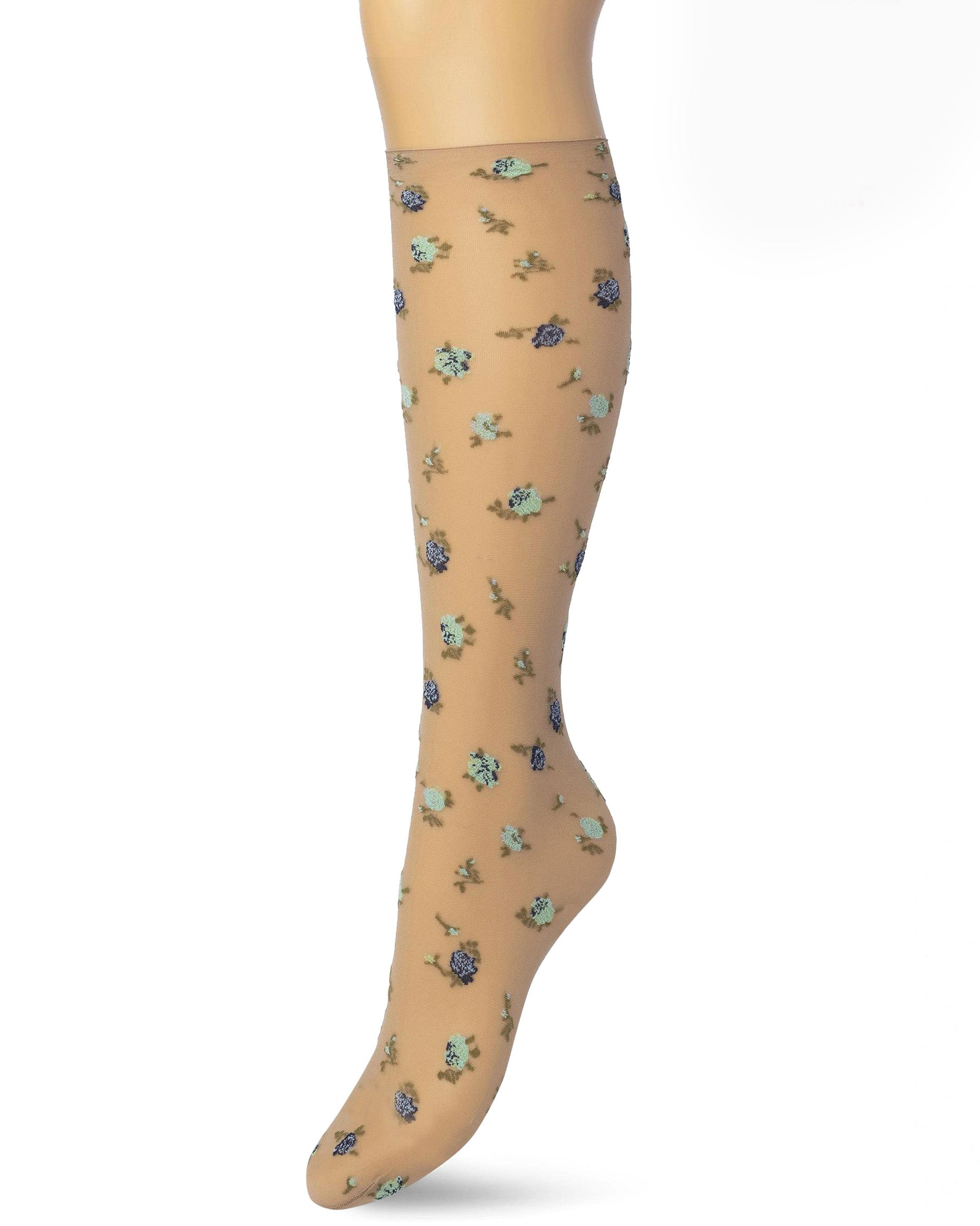 Bonnie Doon English Flower - Sheer nude fashion knee-high socks with a woven floral pattern and no cuff roll comfort edge.
