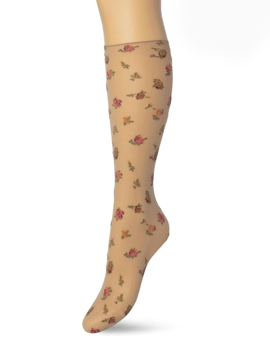 Bonnie Doon English Flower - Sheer nude fashion knee-high socks with a woven floral pattern and no cuff roll comfort edge.