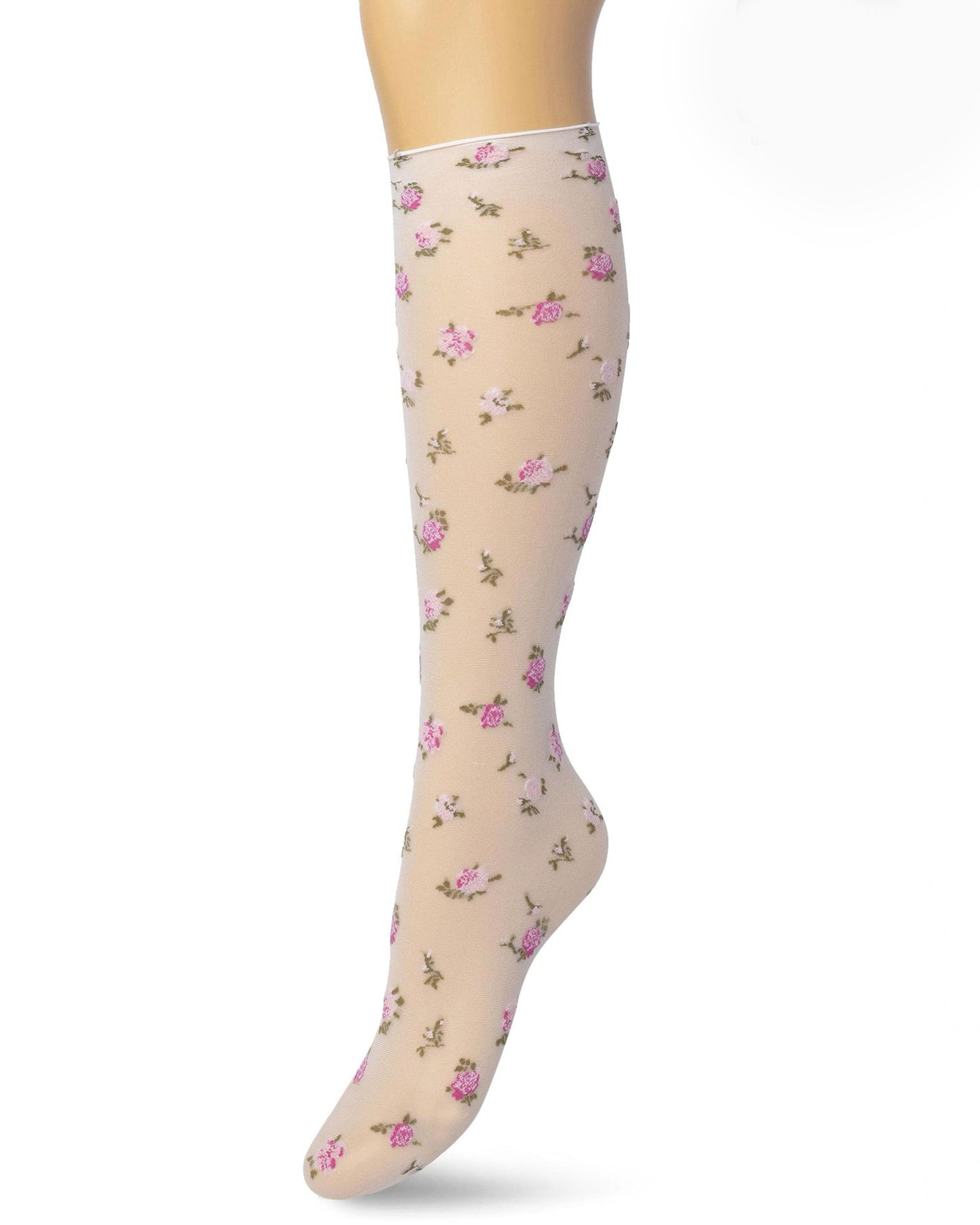 Bonnie Doon English Flower - Sheer white fashion knee-high socks with a woven floral pattern and no cuff roll comfort edge.