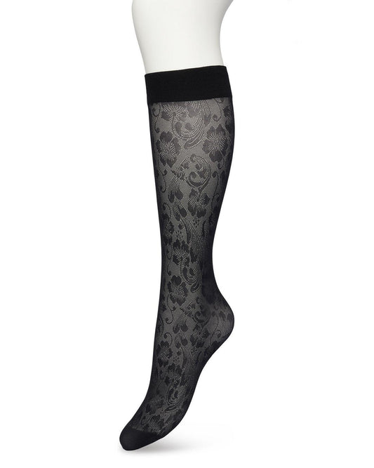 Bonnie Doon BP221803 Fancy Flowers Knee-Highs - Semi-sheer floral lace style patterned knee-high socks in black.