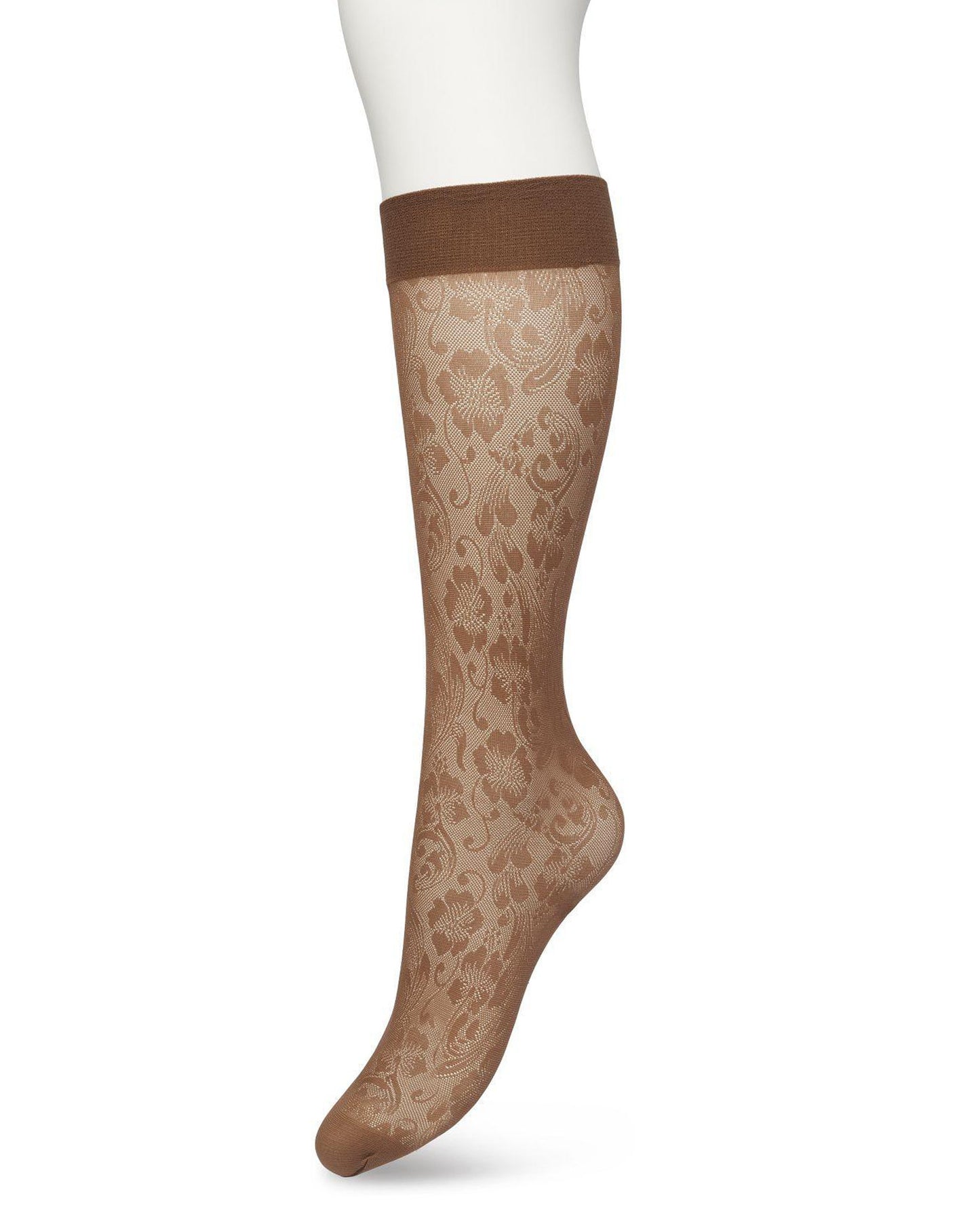 Bonnie Doon BP221803 Fancy Flowers Knee-Highs - Semi-sheer floral lace style patterned knee-high socks in light brown (bracken)