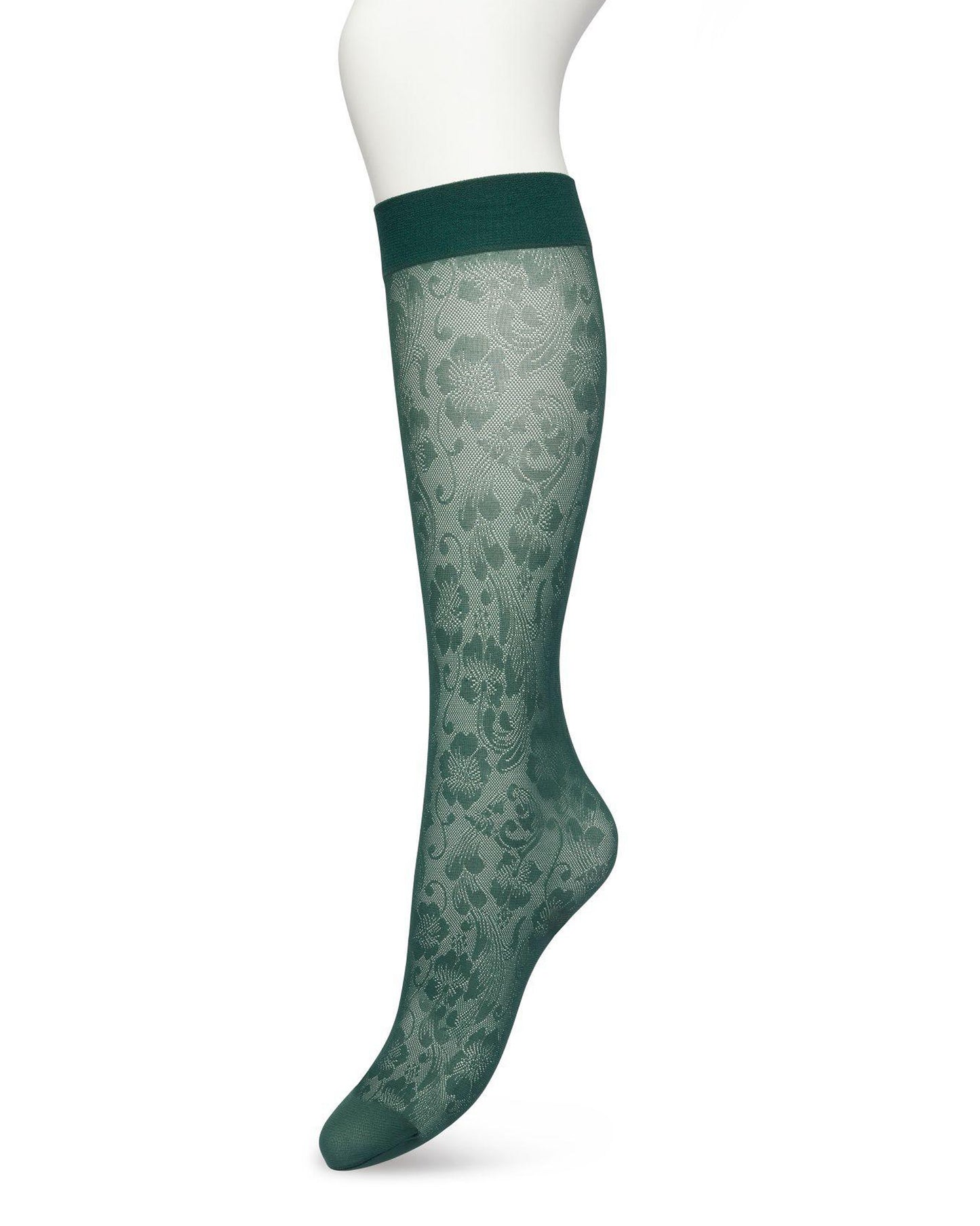 Bonnie Doon BP221803 Fancy Flowers Knee-Highs - Semi-sheer floral lace style patterned knee-high socks in dark bottle green (trekking green)