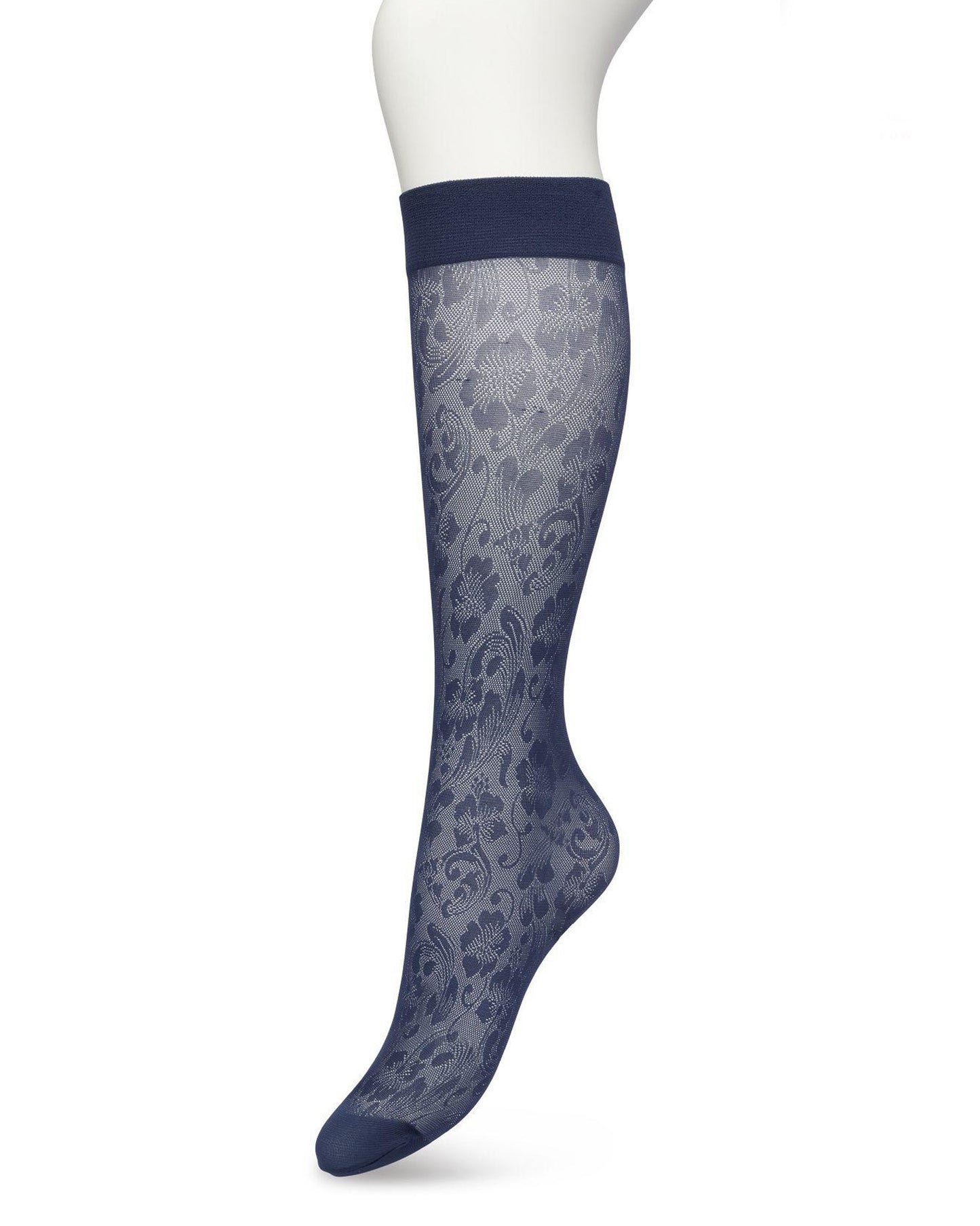 Bonnie Doon BP221803 Fancy Flowers Knee-Highs - Semi-sheer floral lace style patterned knee-high socks in navy blue.