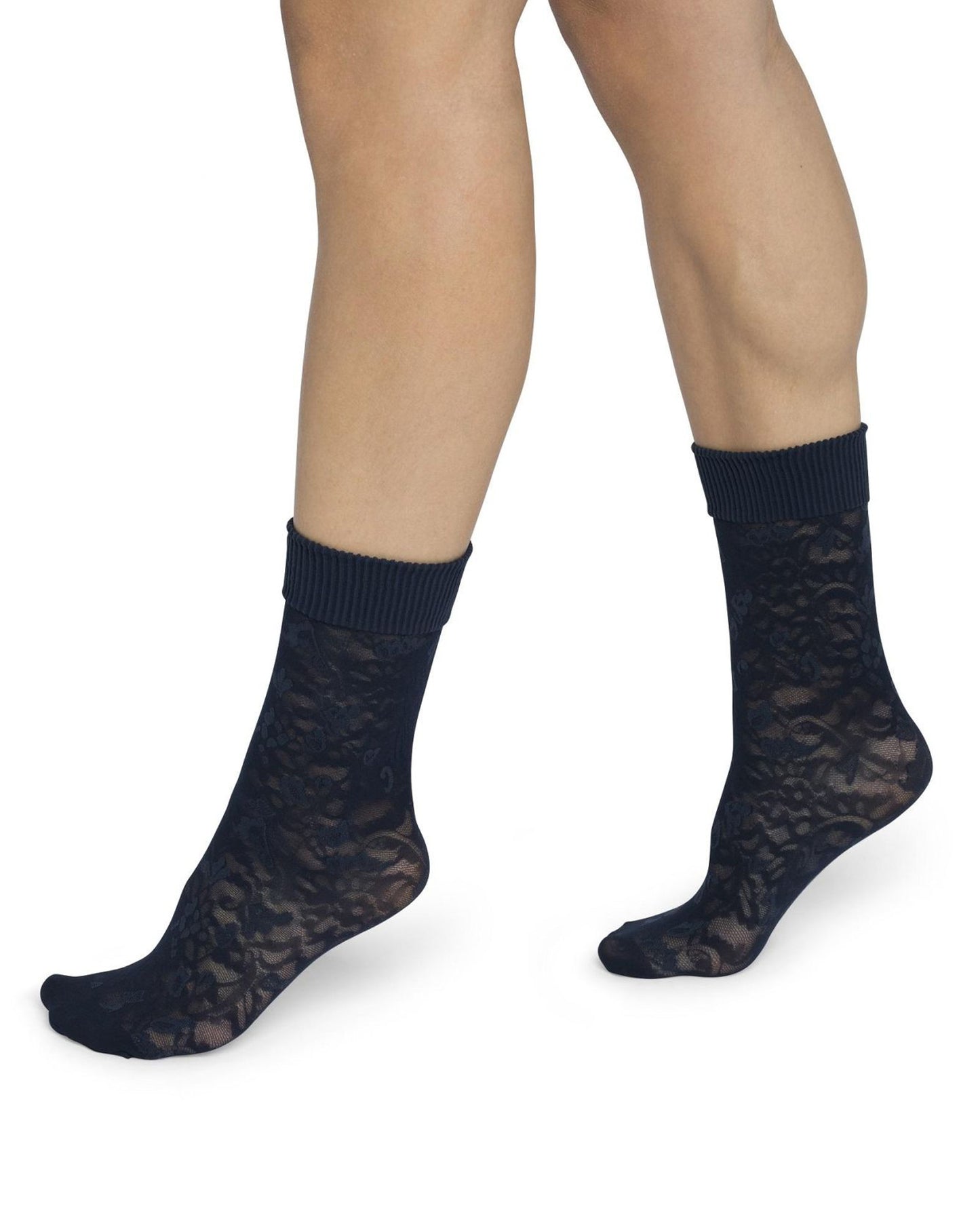Bonnie Doon Floral Lace Socks - Navy semi-opaque floral lace style pattern fashion ankle socks with a soft ribbed deep elasticated comfort cuff and reinforced toe.