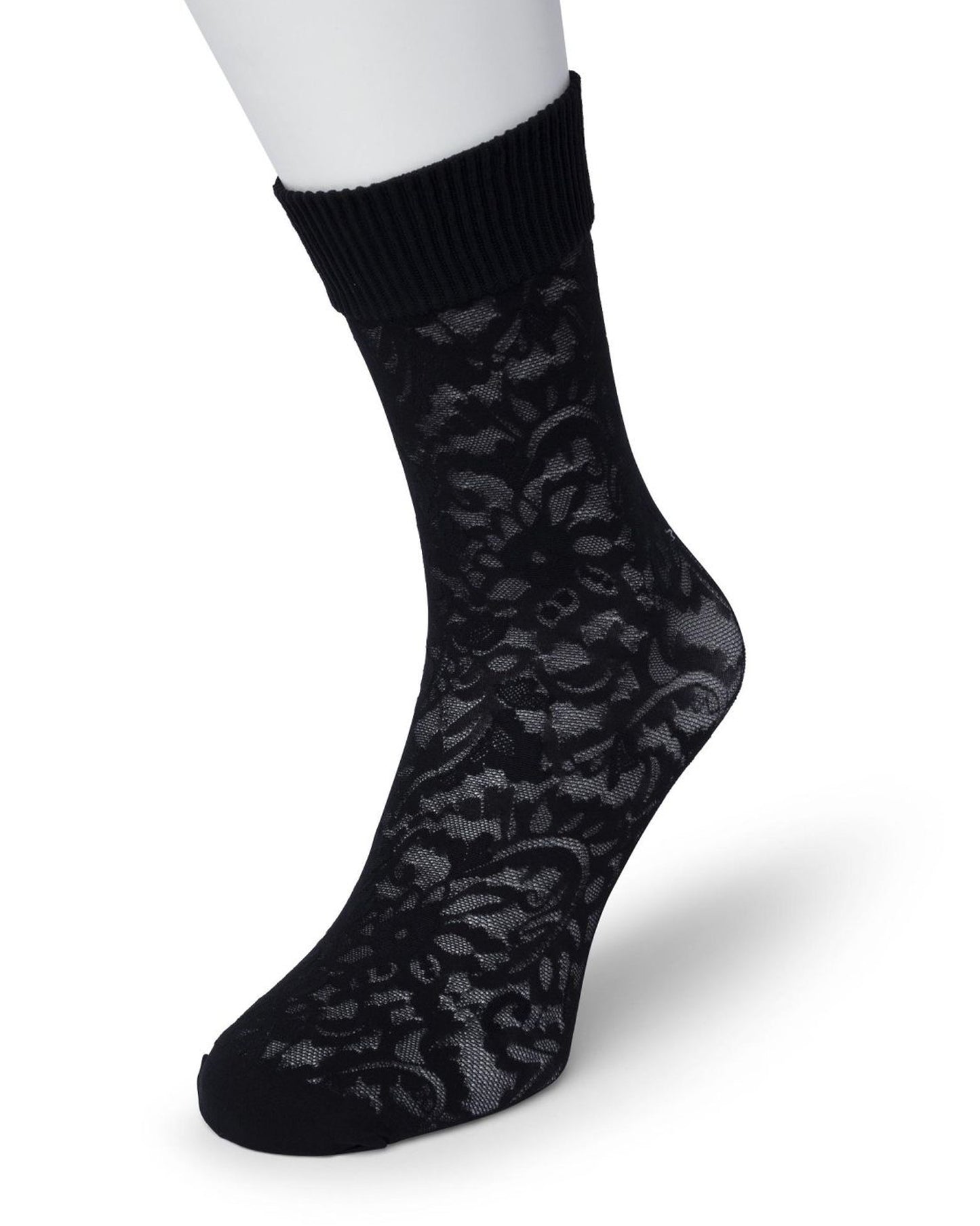 Bonnie Doon Floral Lace Socks - Black semi-opaque floral lace style pattern fashion ankle socks with a soft ribbed deep elasticated comfort cuff and reinforced toe.