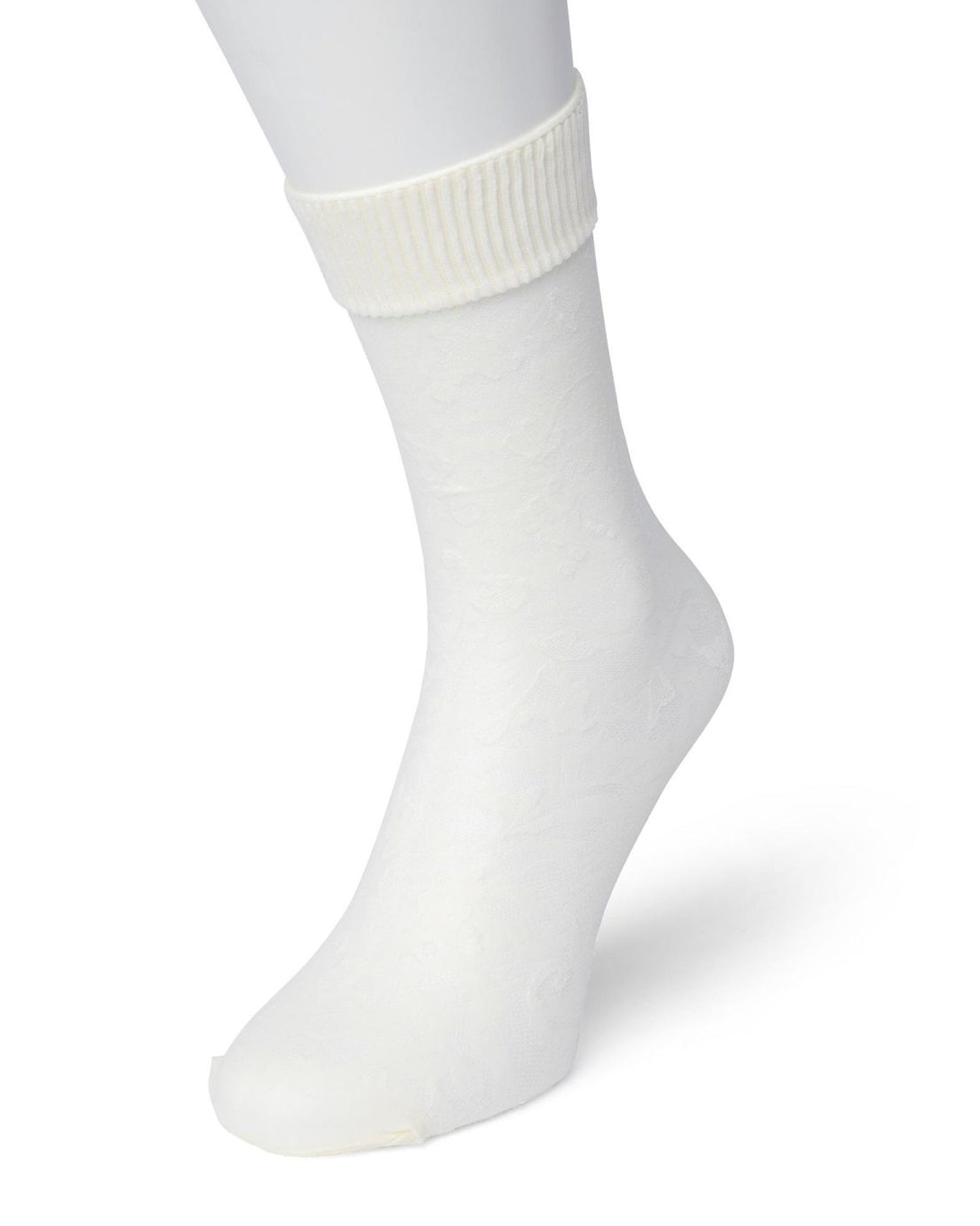 Bonnie Doon Floral Lace Socks - Off white semi-opaque floral lace style pattern fashion ankle socks with a soft ribbed deep elasticated comfort cuff and reinforced toe.